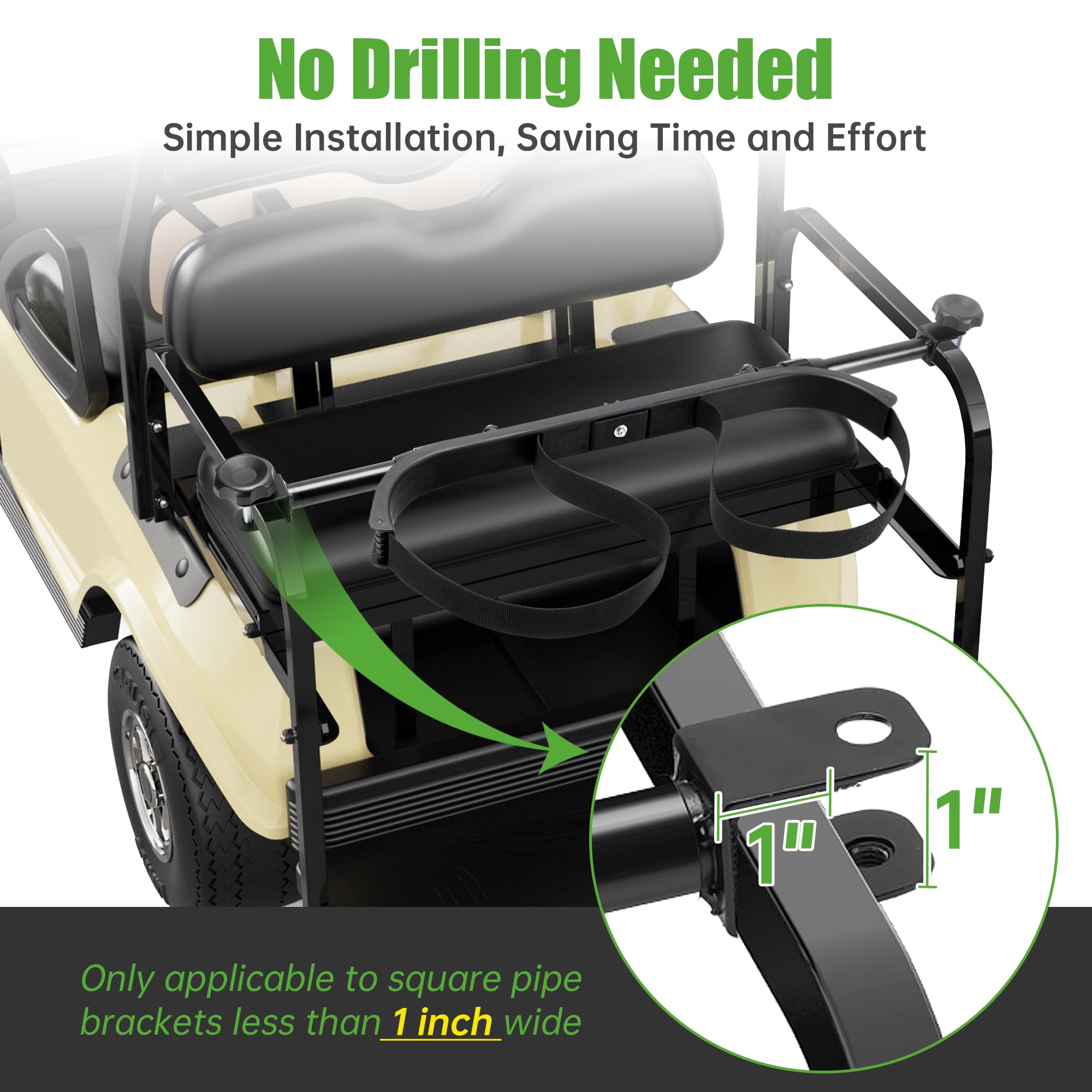 Universal Golf Bag Holder Attachment - No-Drilling Required for Yamaha, EZGO & Club Car Carts | Adjustable Rear Seat Golf Club Holder with Bonus Strap | Perfect for Golf Course, Driving Range & RV Travel