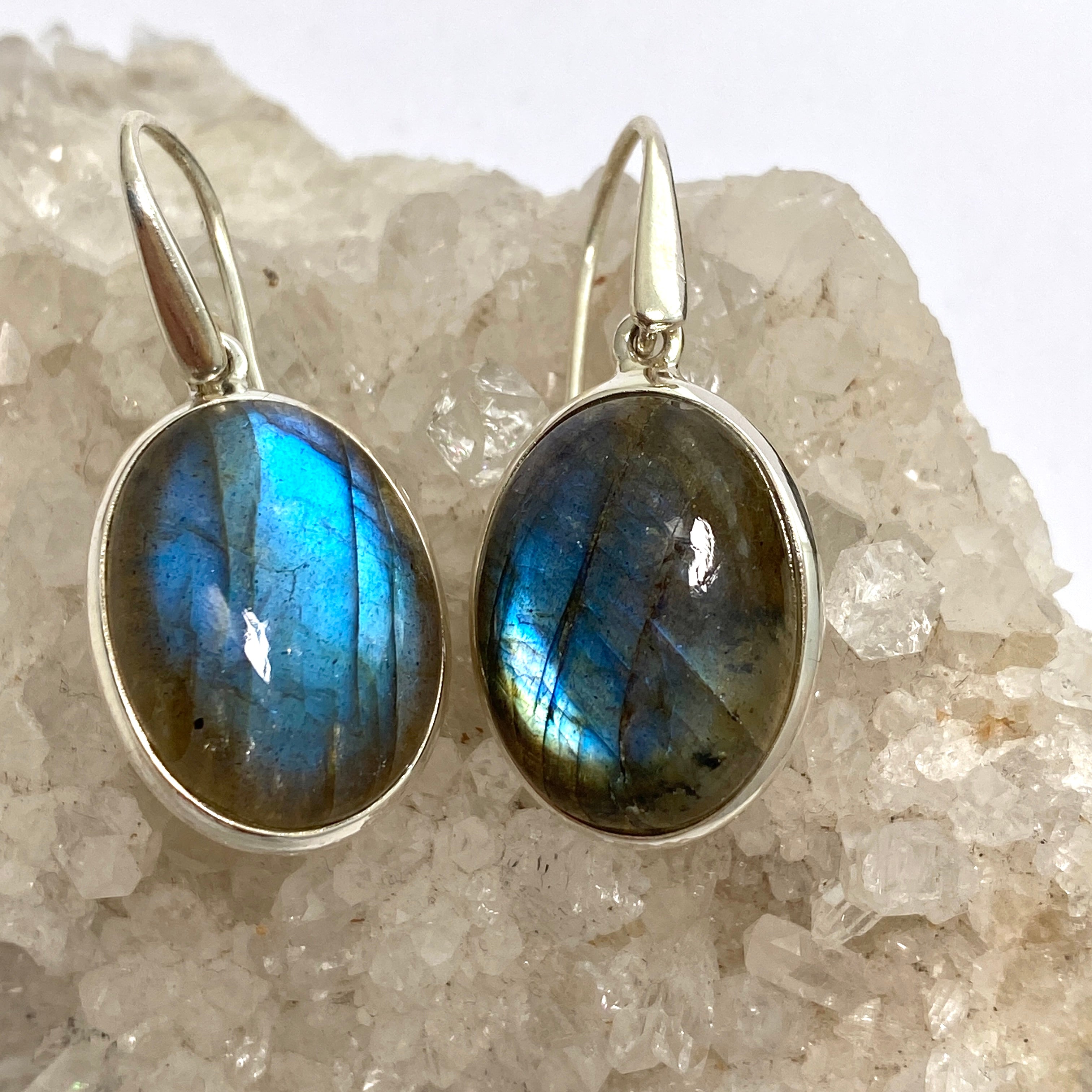 Natural Labradorite Oval Cabochon Earrings - Handmade Sterling Silver Dangle Jewelry for Women - Perfect for Everyday Wear, Office & Special Occasions