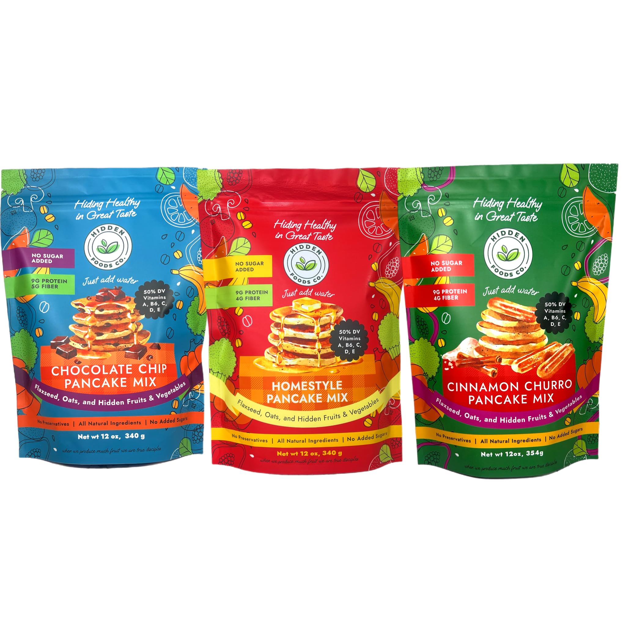 Hidden Foods Variety Pancake Mix 3-Pack - Cinnamon Churro, Homestyle & Chocolate Pancake Mixes | High Protein & Fiber Breakfast Mix with Natural Ingredients, Fruits, Vegetables, Wheat & Oat Flour | Just Add Water | Perfect for Quick Breakfast, Camping & Family Brunch
