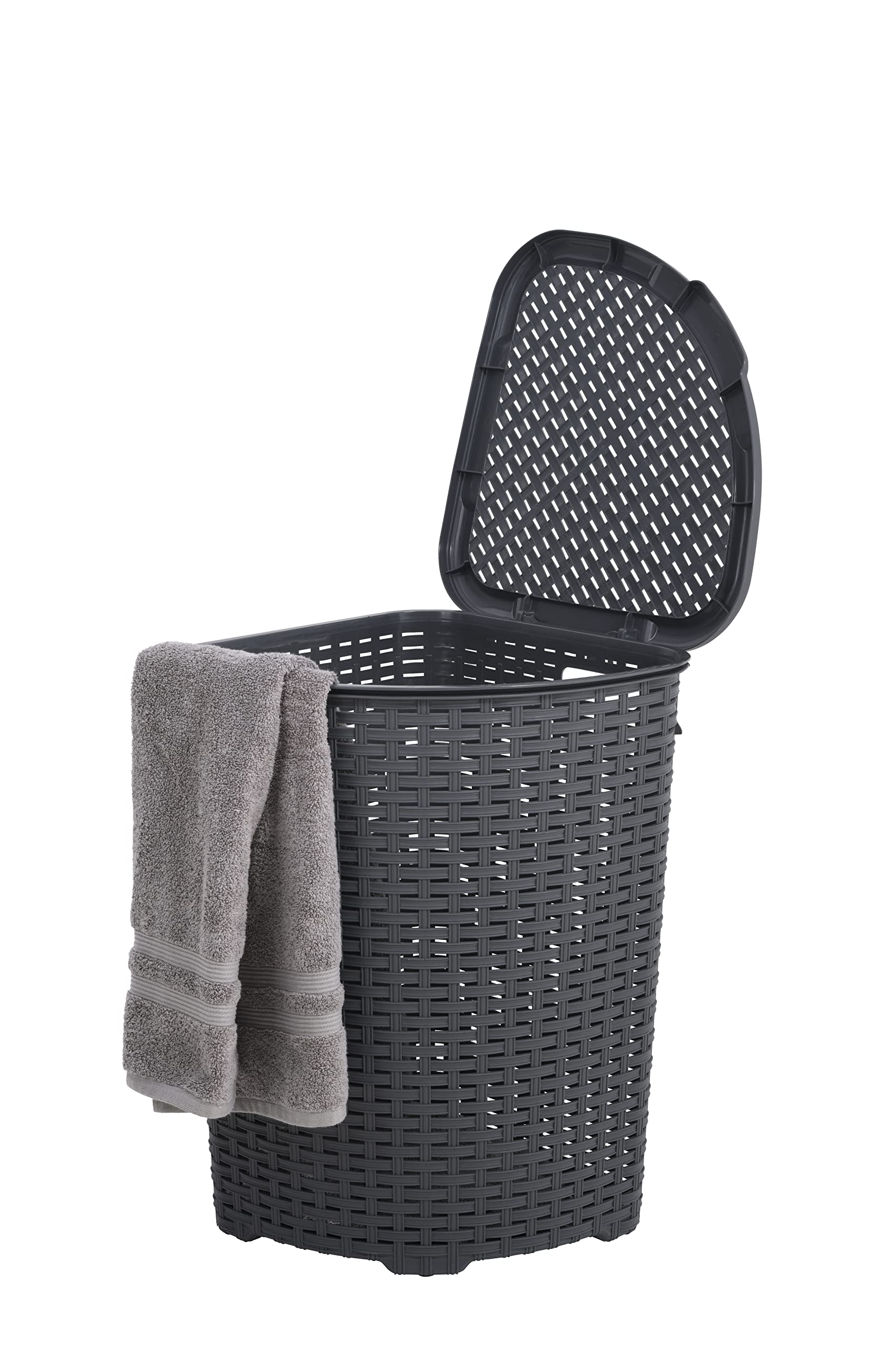 Premium 50L Grey Wicker Laundry Hamper with Lid - Durable & Lightweight Corner Basket with Handles - Curved Design for Bathroom, Closet or Door Storage - Perfect for Organizing Dirty Clothes in Small Spaces