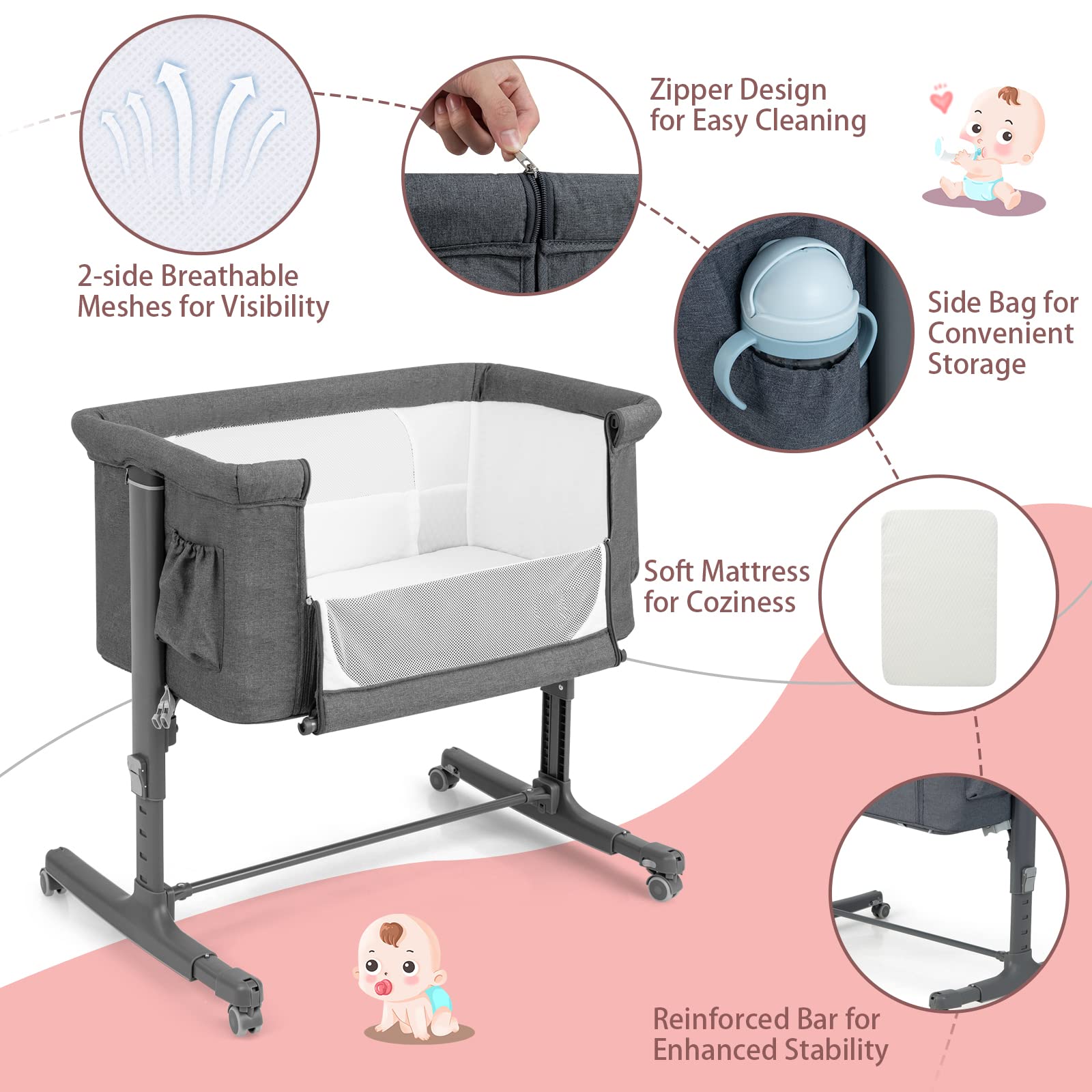 HONEY JOY 3-in-1 Portable Baby Bassinet Bedside Sleeper with Wheels - Adjustable Height Crib for Newborns & Infants, Includes Mattress & Carry Bag (Gray) | Perfect for Nursery, Bedroom Co-Sleeping & Travel