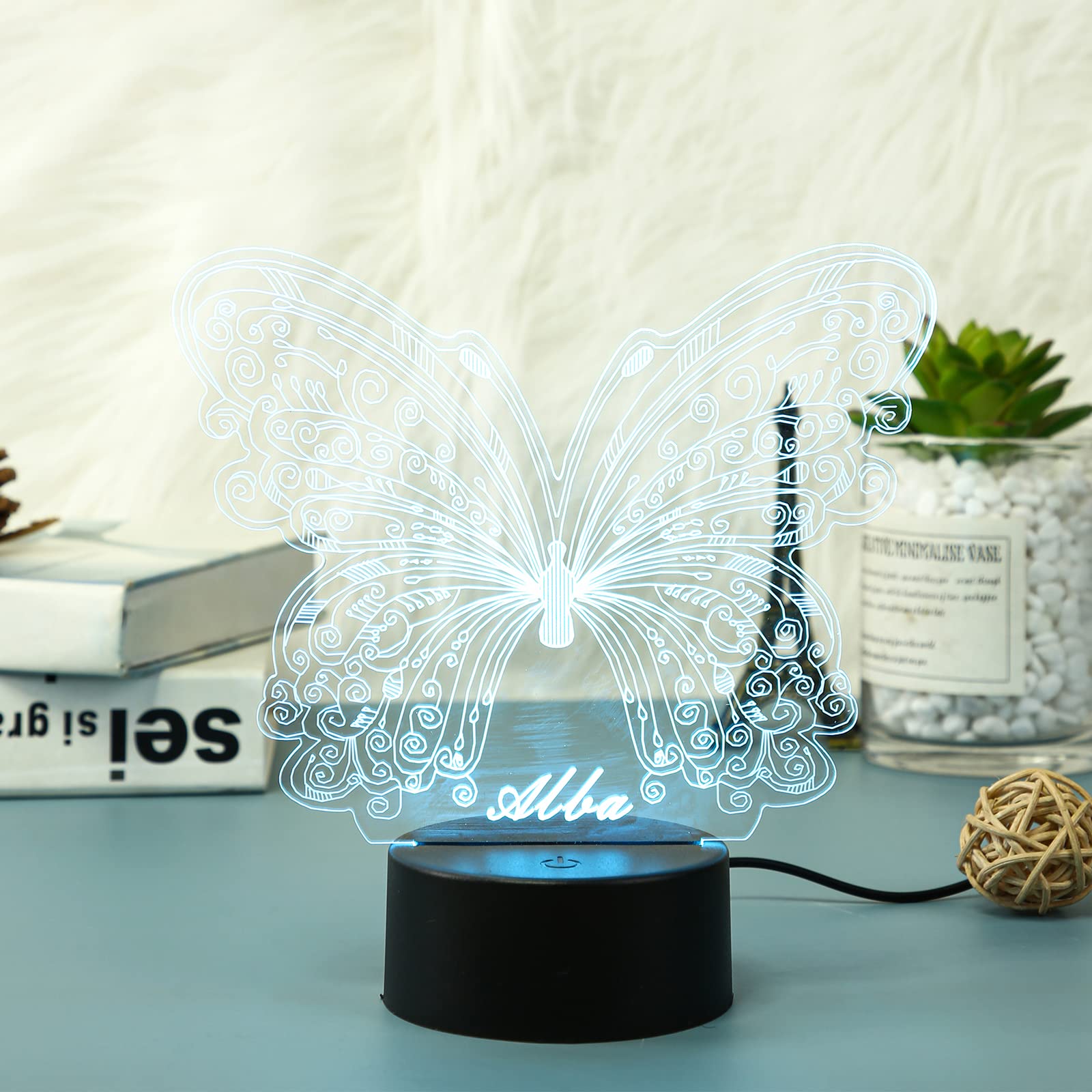 Personalized Butterfly Night Light with Custom Name - 3D Illusion USB Touch Desk Lamp for Bedroom Decor | Perfect Christmas Birthday Gift for Boys Girls | Great for Nursery Decor, Romantic Bedside Lighting & Kids Room Nightlight (Style 4)