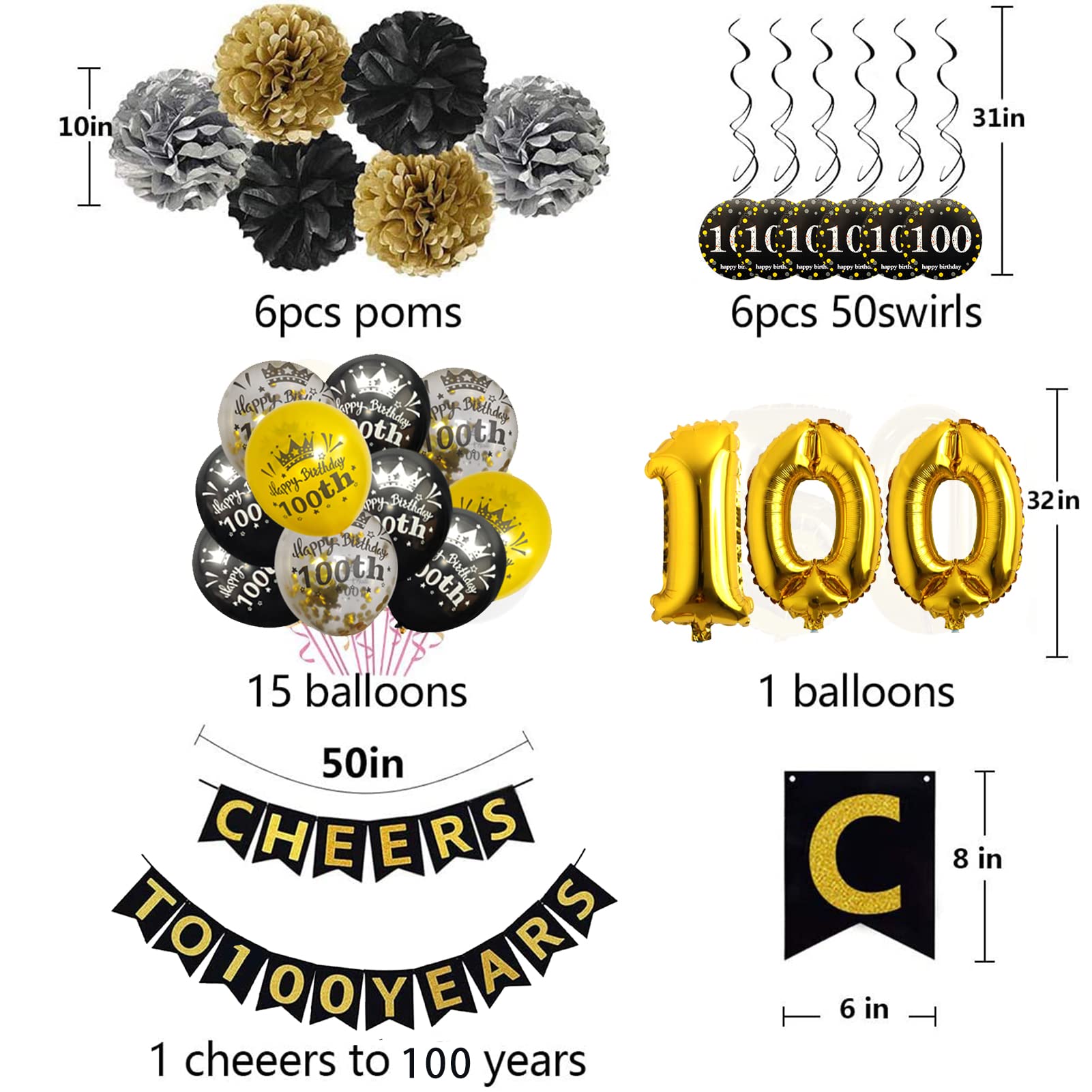 Trgowaul 100th Birthday Party Decorations Kit - Gold Glitter 'Cheers to 100 Years' Banner, Pom Poms, 6 Sparkling Hanging Swirls, Gold Number Balloon & 15 Confetti Balloons - Perfect for Centennial Celebrations, Milestone Anniversaries & Grandparent Birthday Parties