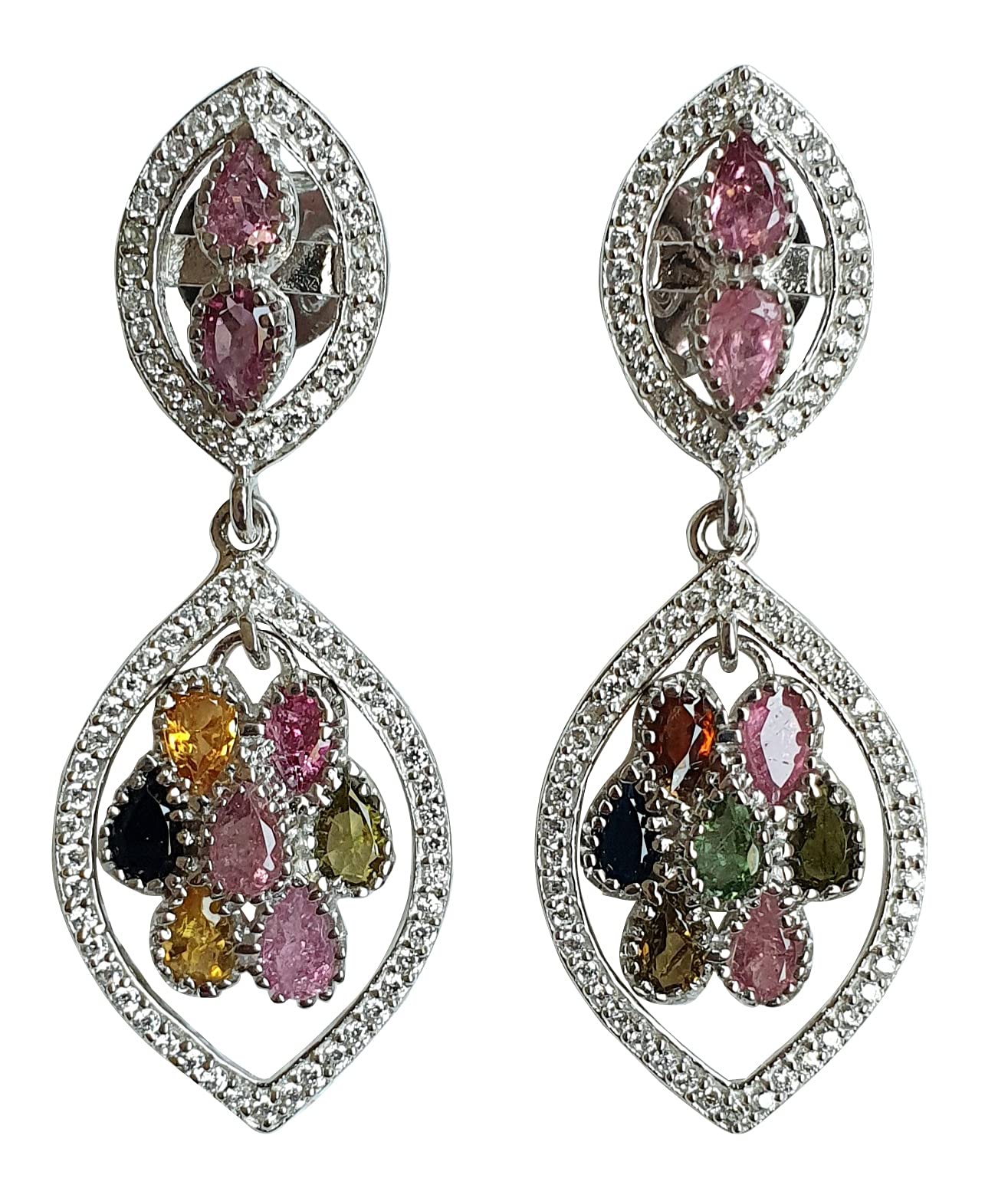 Authentic 925 Sterling Silver Tourmaline & Zircon Drop Dangle Earrings for Women | Handmade Fashion Jewelry | Perfect Gift for Parties, Weddings & Special Occasions | Elegant Everyday Wear