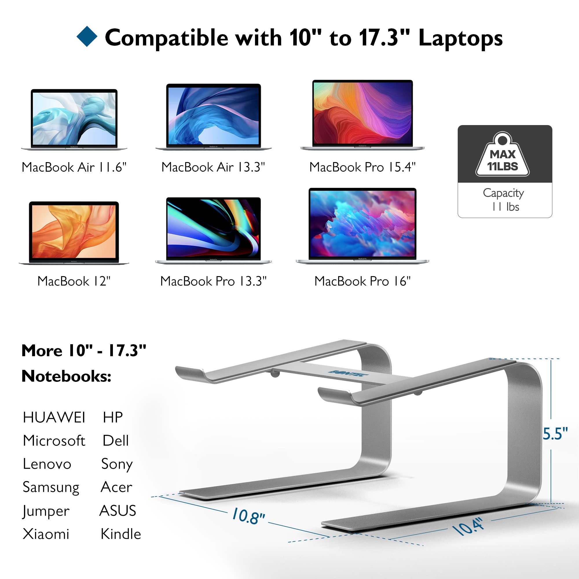 BONTEC Adjustable Laptop Stand for Desk - Ergonomic Aluminum Laptop Riser Holder Compatible with 10-17.3 Inch Notebooks (Silver) - Perfect for Home Office, Gaming & Workspace Setup
