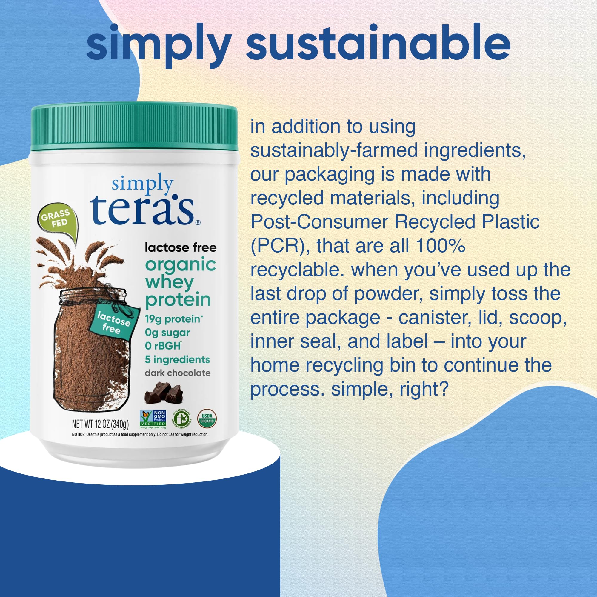 Simply Tera's Lactose Free Whey Protein Powder - Dark Chocolate Flavor | Non-GMO, Organic, 12 Oz | Ideal for Post-Workout Recovery & Lactose Intolerant Fitness Enthusiasts