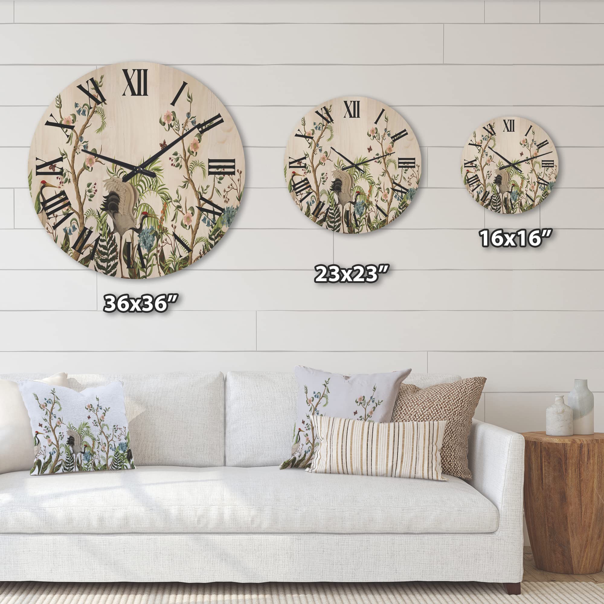 Chinoiserie Style Traditional Wood Wall Clock with Peonies and Cranes - Large Decorative Oversized Animal Wall Clock for Living Room, Bedroom & Office Décor - Perfect for Home, Office and Gift Giving