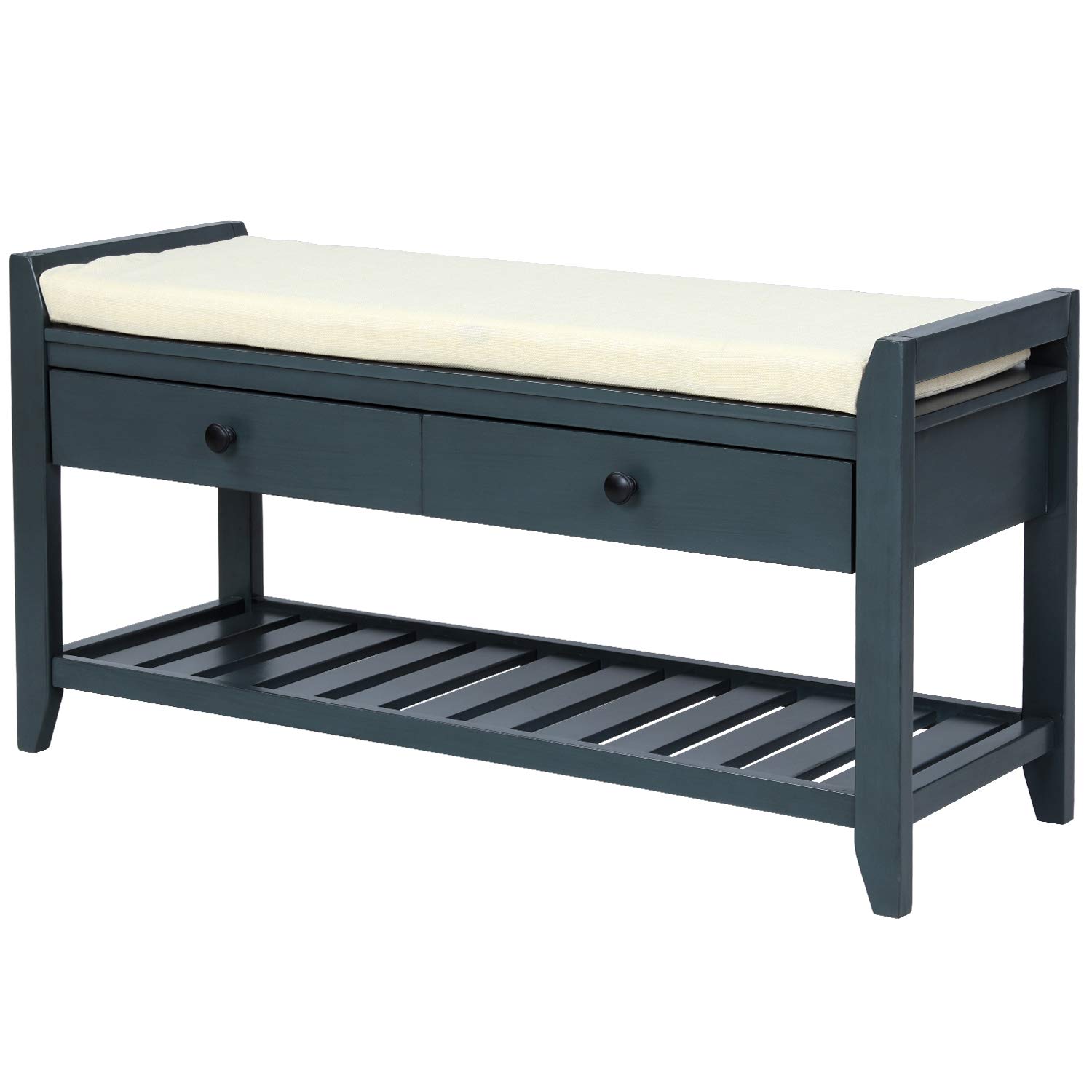 Wooden Storage Bench with Drawers & Bottom Shelf - Shoe Bench with Cushioned Seat for Hallway, Living Room & Entryway - Antique Navy Finish - Perfect for Entryway Organization & Shoe Storage