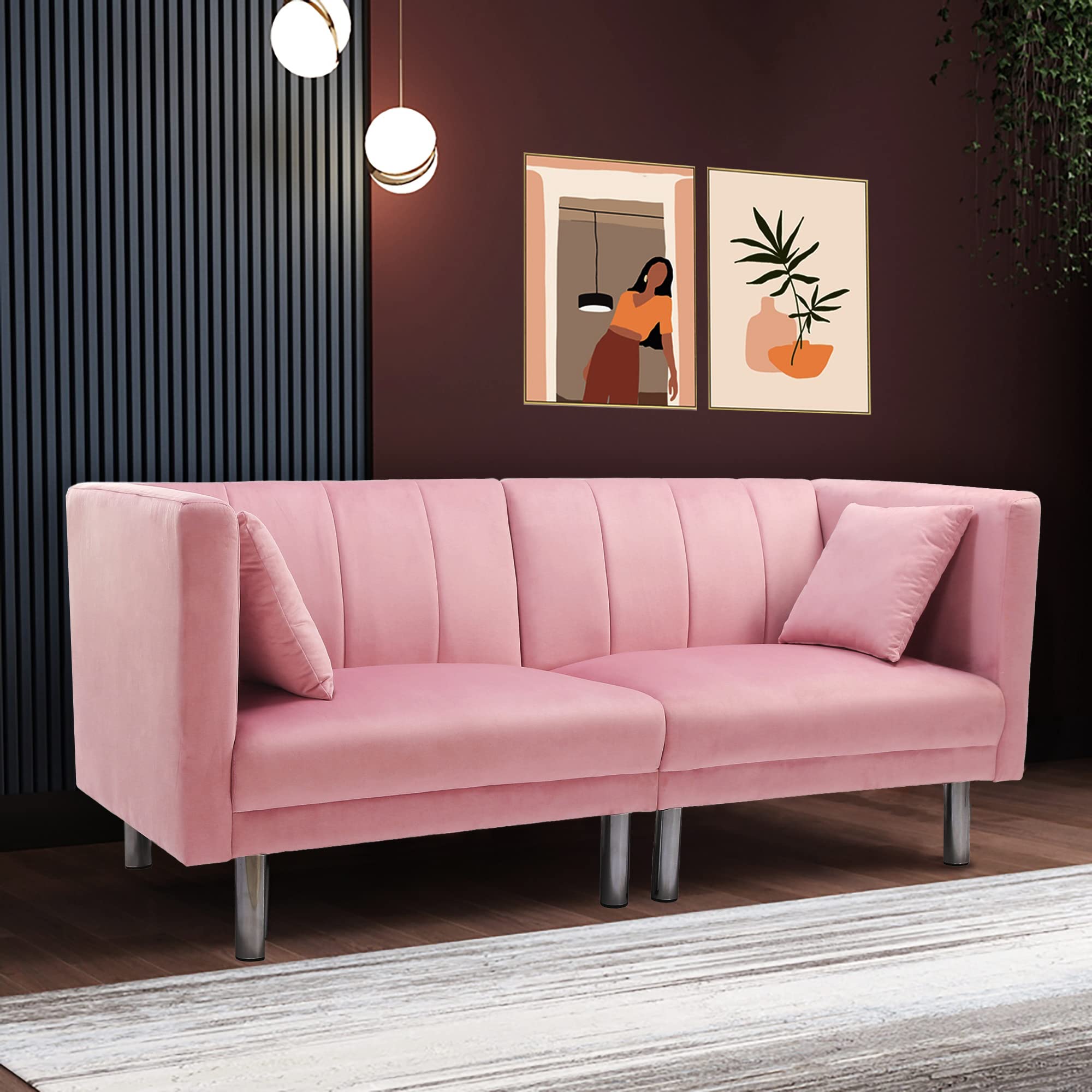 Modern Velvet Fabric Sofa Bed Futon with 2 Pillows - 3 Adjustable Angles Convertible Loveseat Sleeper Sofa for Small Spaces | Compact Living, Bedroom, Apartment, Office & Dorm Use (Pink) - Perfect for Guest Sleeping, Lounge Relaxing & Space-Saving Solutions