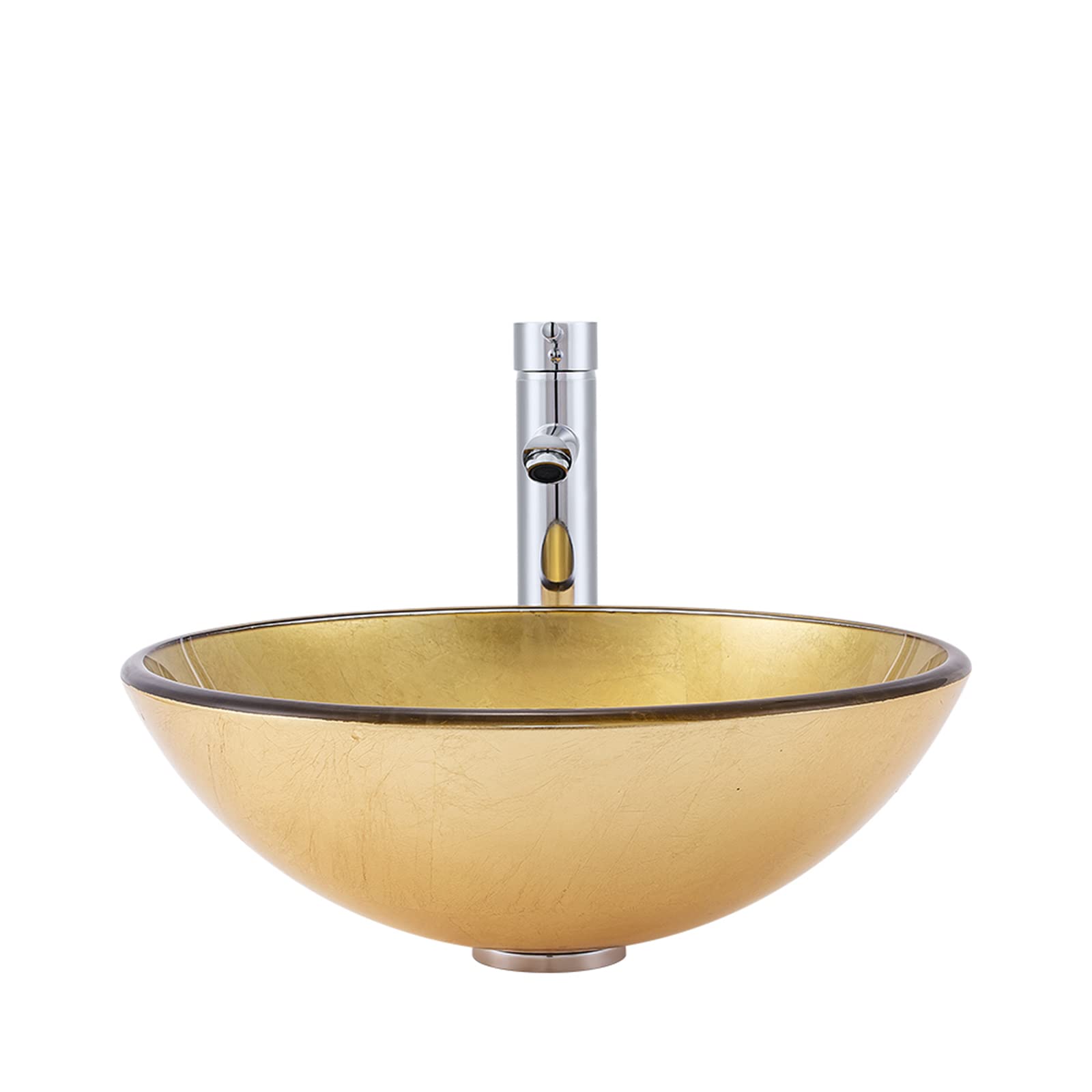 Golden Tempered Glass Vessel Sink - Round Bathroom Countertop Basin with Brass/Chrome Faucet Combo & Pop-Up Drain - Modern Vanity Sink for Luxury Bathrooms, Powder Rooms & Spa Retreats