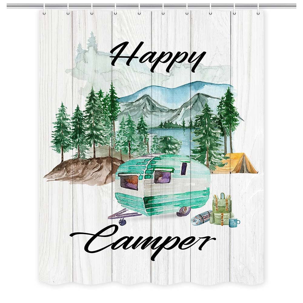 Happy Camper RV Shower Curtain - Mountain Forest Green Design with Wooden Board & Trailer Print | 47x64 Inch Waterproof Fabric Bath Curtain with Hooks | Perfect for Campers, RVs & Outdoor Enthusiasts