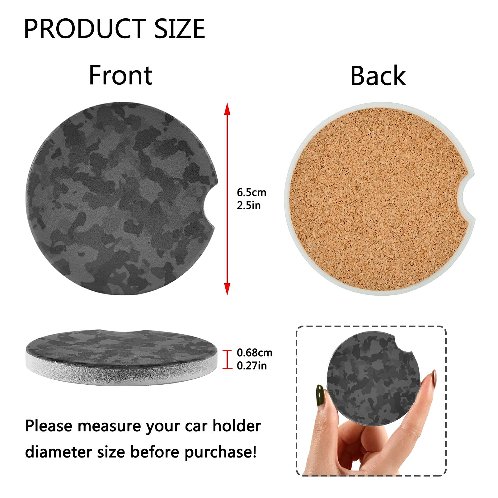 Xigua Black Camo Car Coasters 2 Pack - Absorbent Ceramic Stone Cup Holders with Fingertip Grip for Car, Office, and Home Use