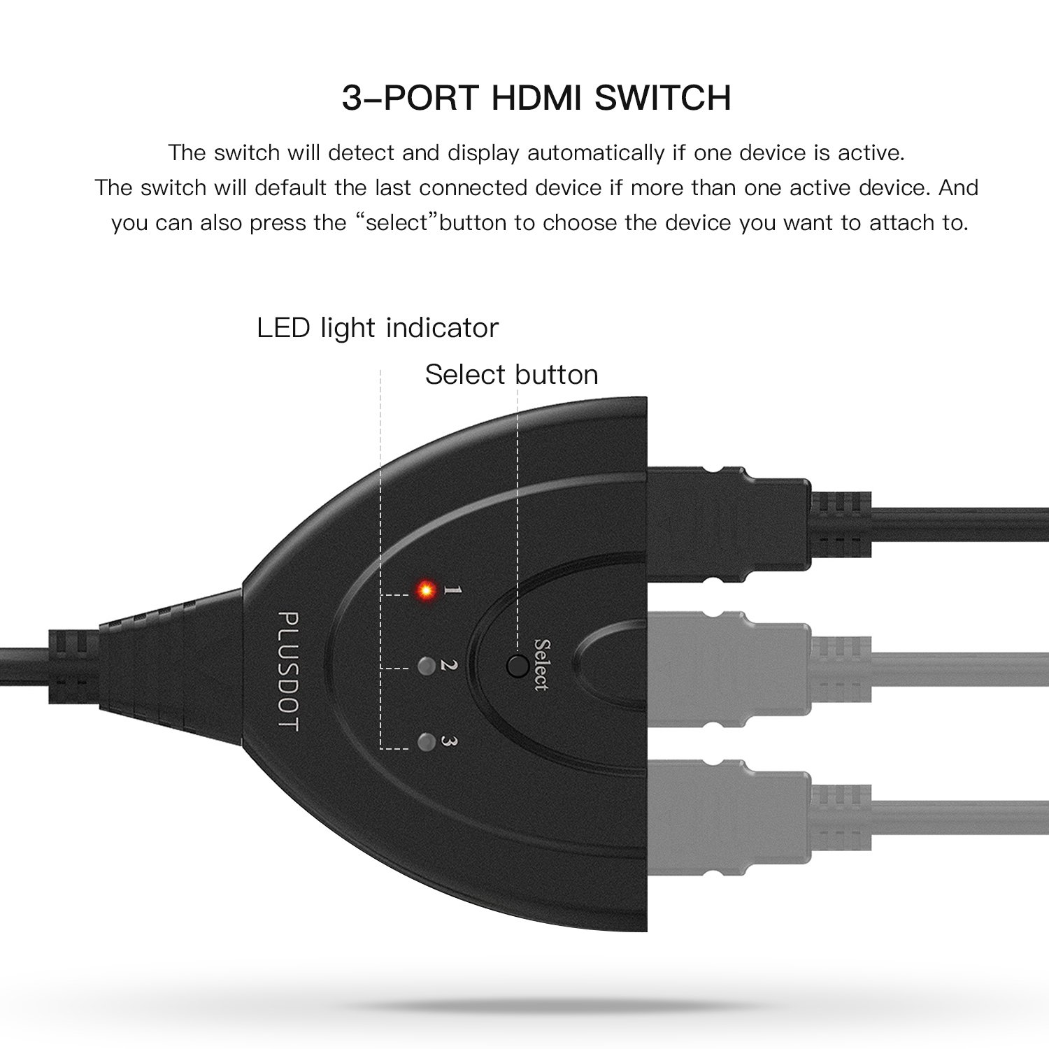 3-Port HDMI Switch Splitter 3x1 Selector with Pigtail Cable - 1080P HD 3D Switcher for HDTV, Blu-ray, DVD, PS4/PS3, Xbox 360/Xbox One - Perfect for Home Theater & Gaming Setup