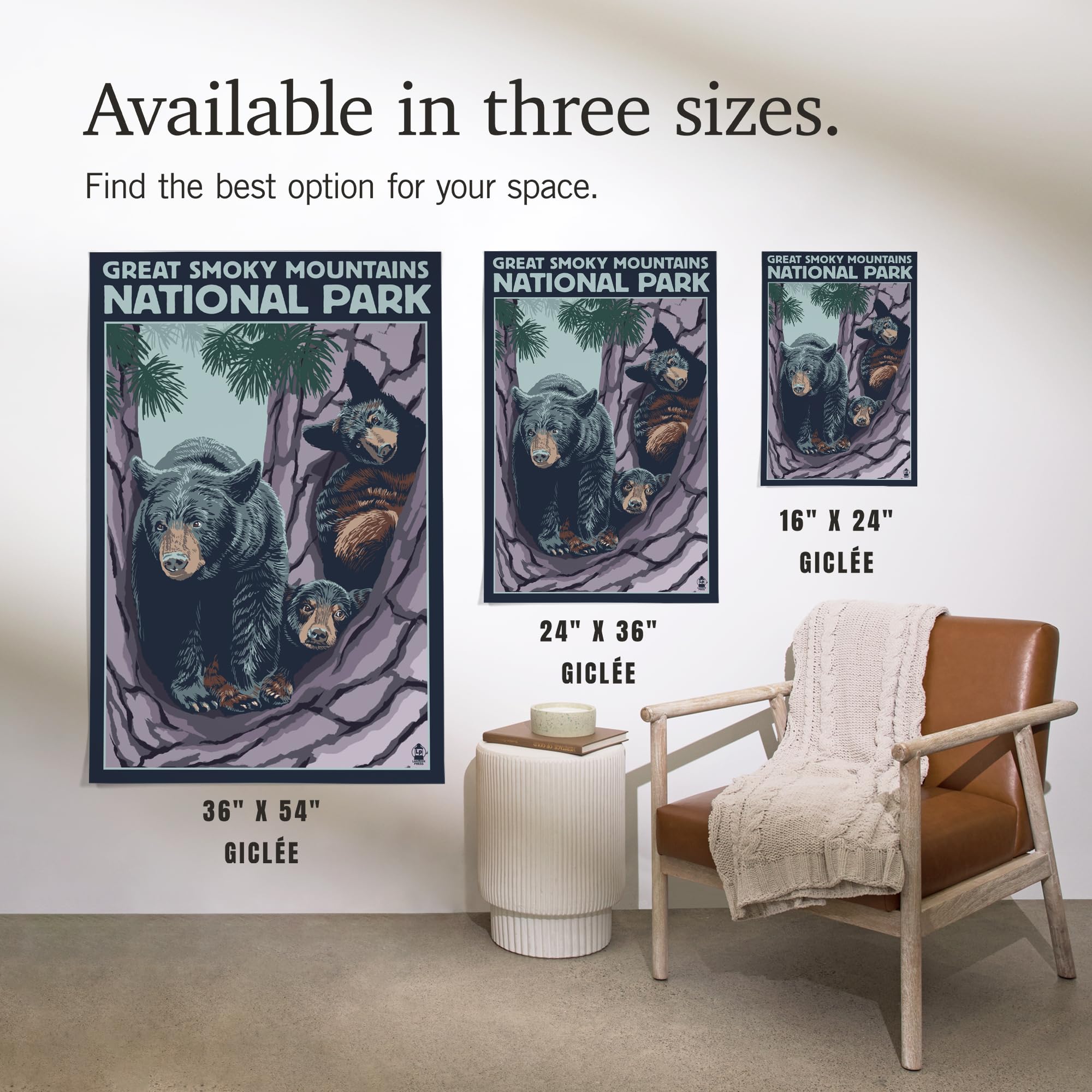 Lantern Press 16x24 Inch Giclee Art Print - Great Smoky Mountains National Park Tennessee - Black Bear and Cubs in Tree - Wildlife Wall Decor for Living Room, Bedroom & Office