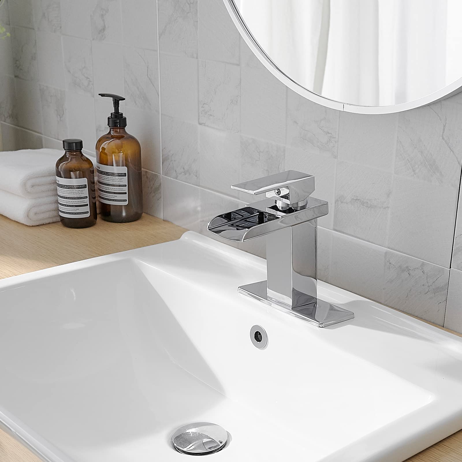 Modern Chrome Waterfall Bathroom Faucet - Single Handle Sink Tap for Home & Commercial Use