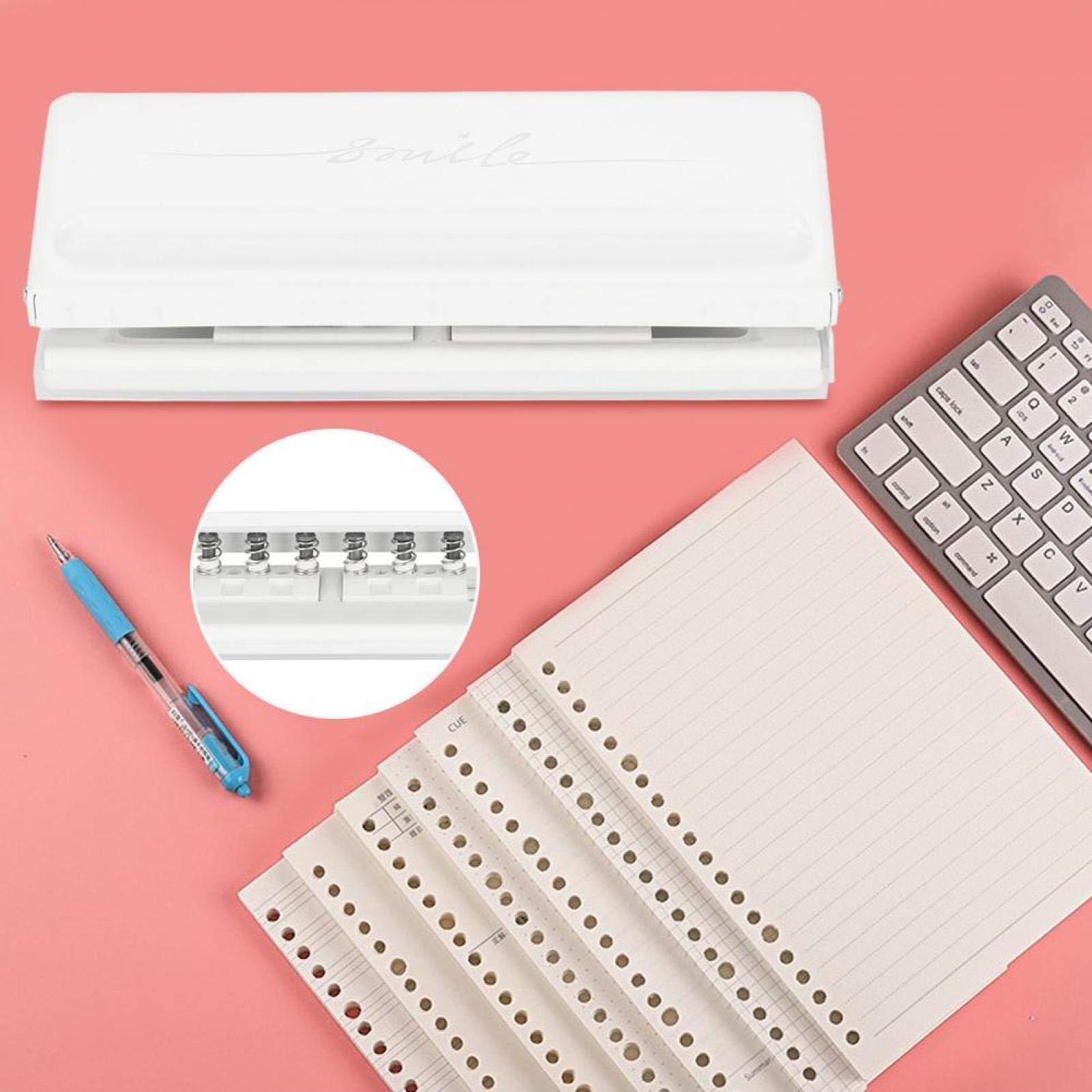 Adjustable 6-Hole Punch for A4 A5 A6 - Metal Ring Binder Planner for Home School Office (White) - Perfect for Organizing Documents