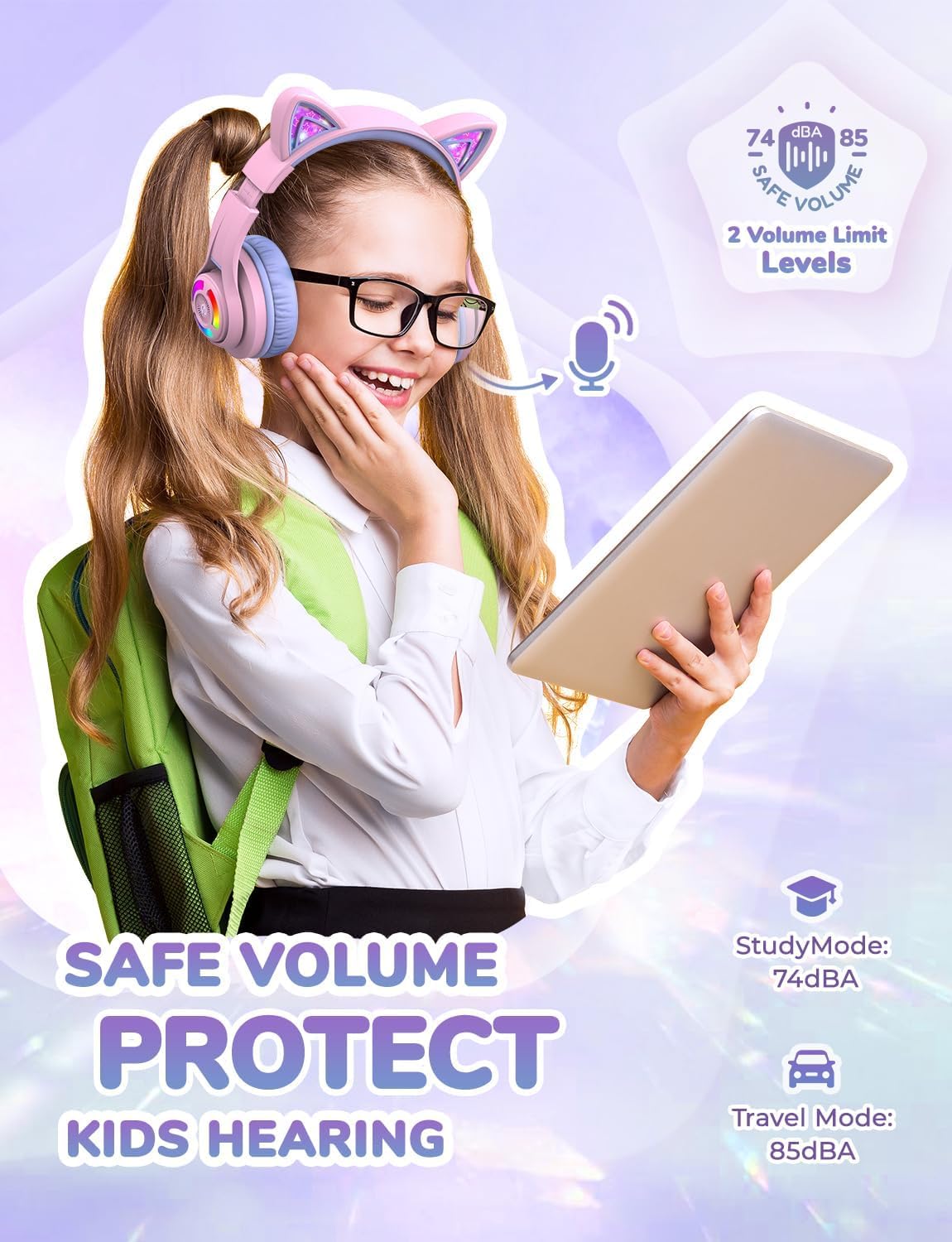 iClever Cat Ear Kids Bluetooth Headphones with LED Lights - 50H Playtime, Bluetooth 5.2, USB-C, 74/85dBA Safe Volume Limited - Wireless Over-Ear Headphones for Girls & Boys (Meow Macaron-Bright Purple) - Perfect for School, Travel & Gaming