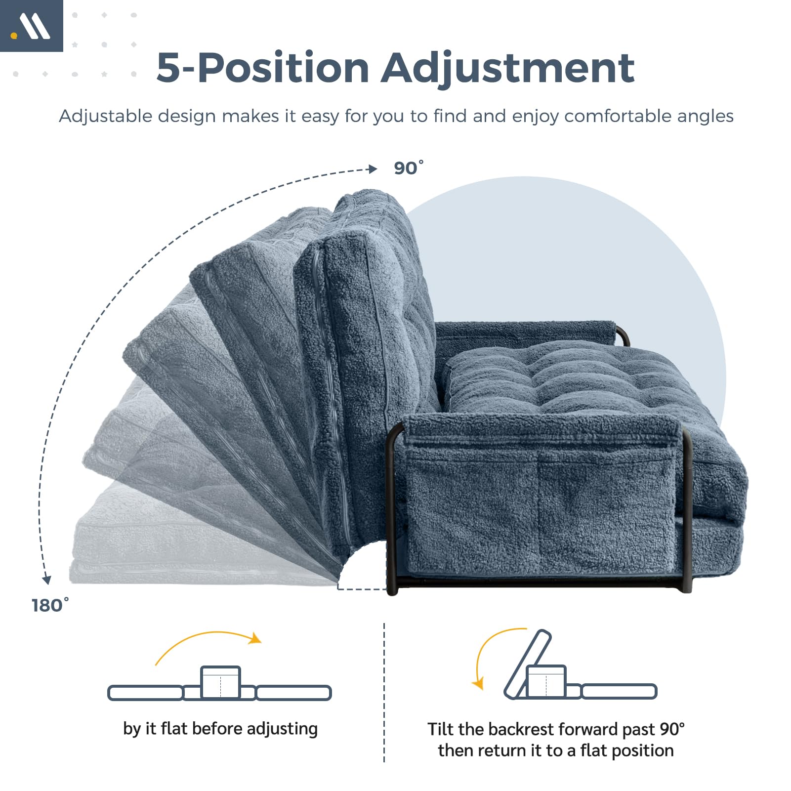 MAXYOYO Adjustable Floor Sofa Couch - Convertible Lazy Sofa Bed with 2 Pillows & Armrests | Boucle Fabric in Dusty Blue | Perfect for Small Spaces, Living Rooms & Guest Beds