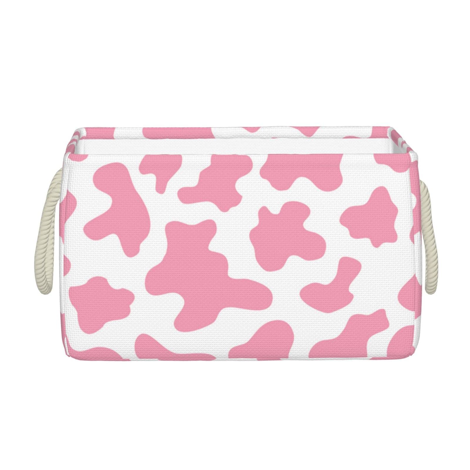 Pink Cow Print Fabric Storage Basket with Rope Handle - 15.7 x 11.8 x 9.8 Inch Organizer Bin for Toys, Books, Clothes - Perfect for Shelves, Closet, Nursery & Home Organization
