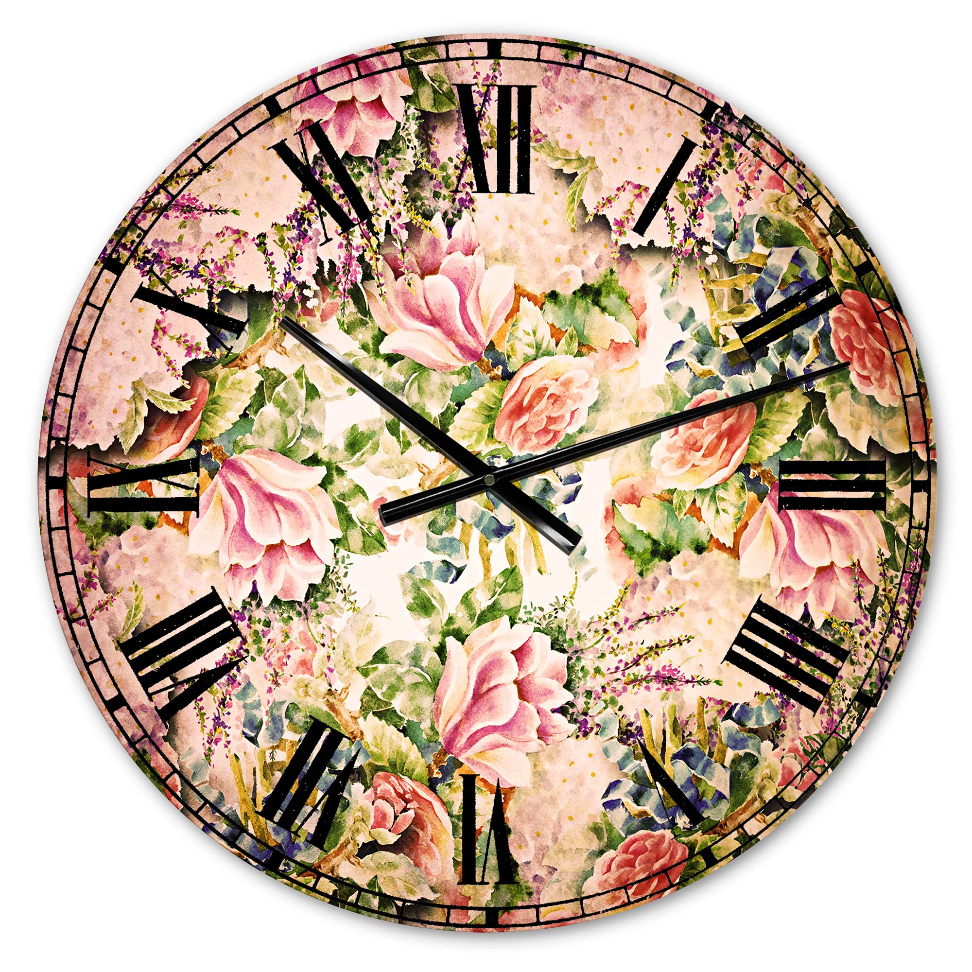 Vintage Floral Wall Clock - Pink Flower Pattern on White, Large Decorative Clock for Home, Office & Living Room | Perfect for Wall Decor & Gift Giving