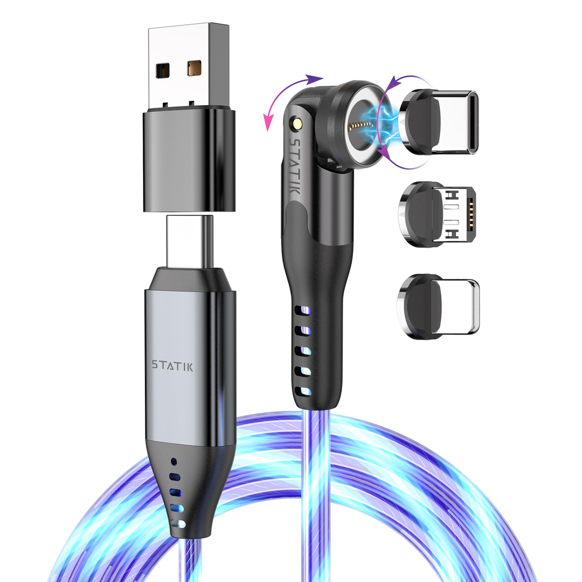 Statik 360 Pro Magnetic Charging Cable - 100W Fast Charging USB C Cable with LED Indicator | Compatible with iPhone, Samsung, MacBook, iPad | 6FT Durable Magnetic Charger for Home, Office & Travel