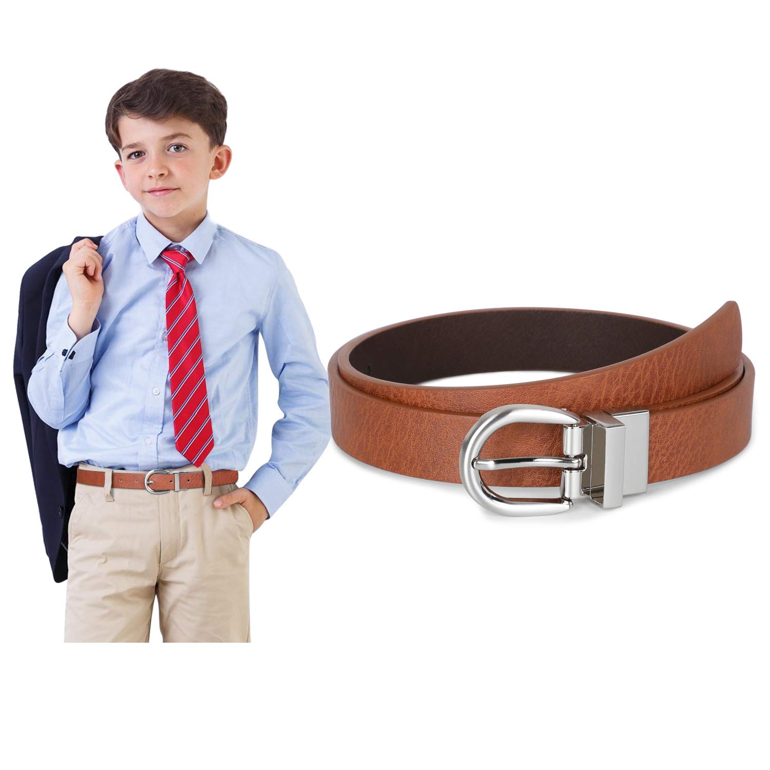 SUOSDEY Boys Reversible Leather Belt for Kids - Adjustable Waist 1.5