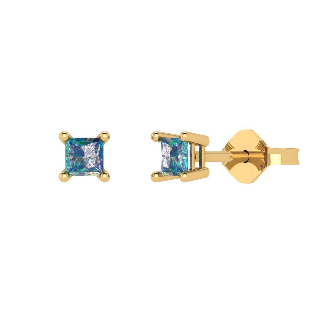 0.50 Carat Princess Cut Genuine Blue Moissanite Stud Earrings - 14K Solid Yellow Gold Push Back - Perfect for Weddings, Anniversaries & Special Occasions