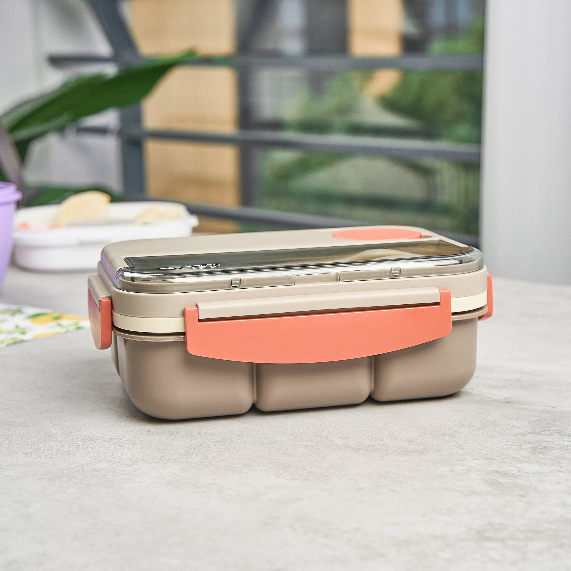 Bento Tek 44oz BPA Free Lunch Box - Microwave Safe Brown & Orange Food Container with Utensils (9x6.5x3.25 Inches) - Perfect for Office, School & Picnic Meals