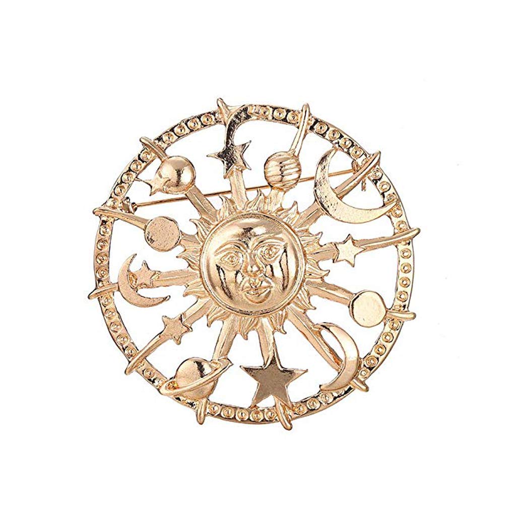 Golden Star Moon Sun Galaxy Brooch - Unisex Pewter Lapel Pins for Cardigan, Blouse & Shawl - Cosmic Couple Jewelry for Everyday Wear & Special Occasions