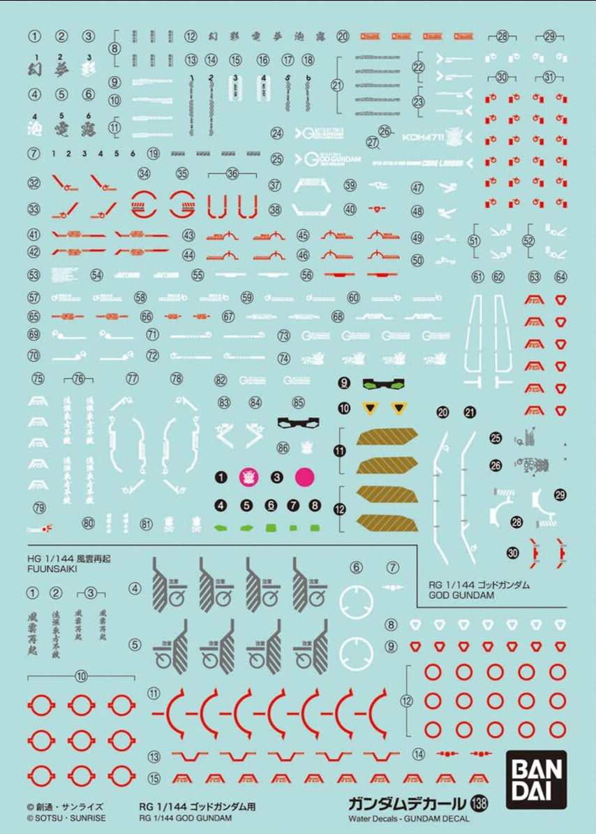 Bandai RG 1/144 God Gundam Water Slide Decals #138 - Premium Model Kit Transfer Stickers for Gundam Builders & Collectors | Perfect for Customizing RG Scale Models