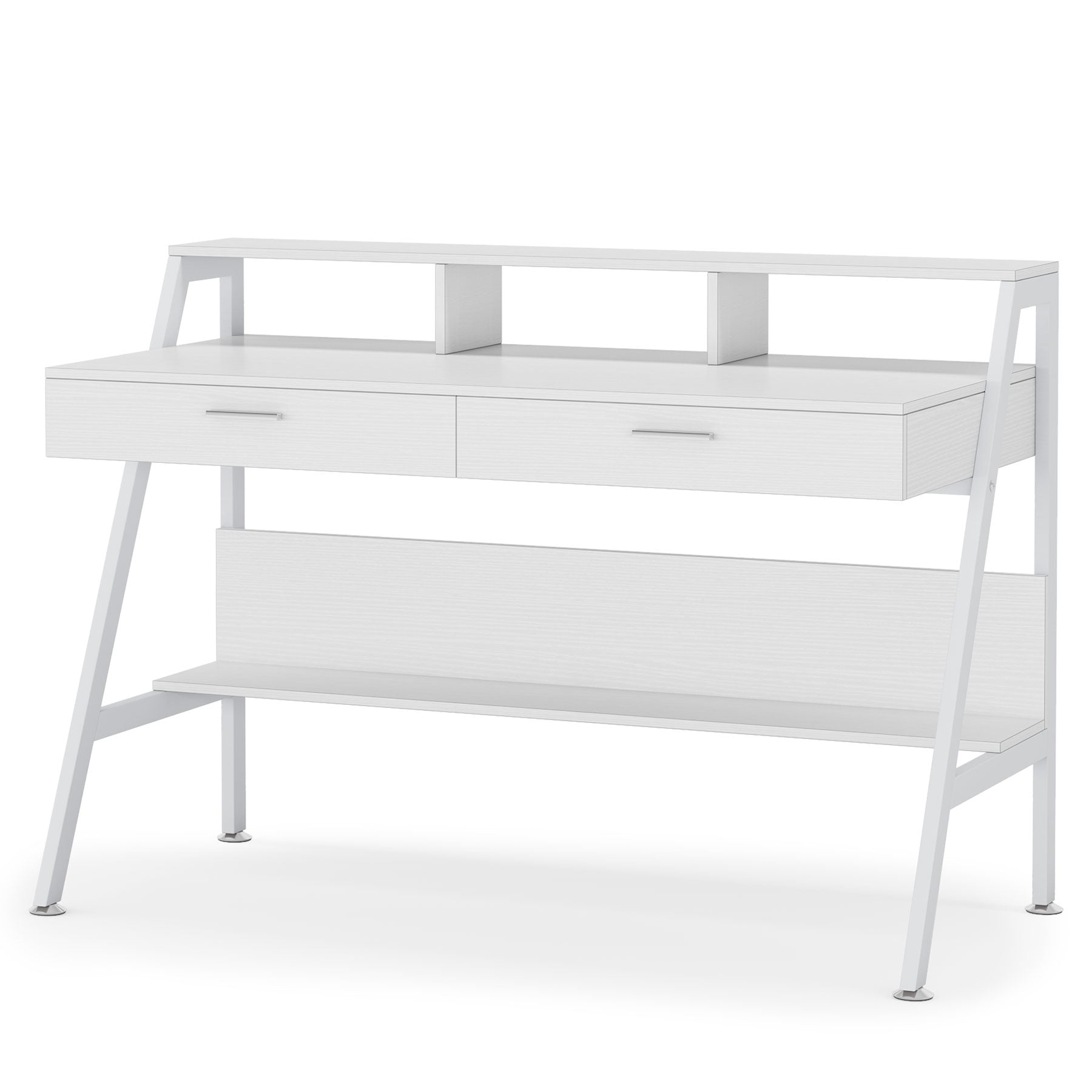 Modern White Computer Desk 47 Inch - Sturdy Writing Desk with Storage Shelf & Drawers for Home Office, Gaming & Study Workspace