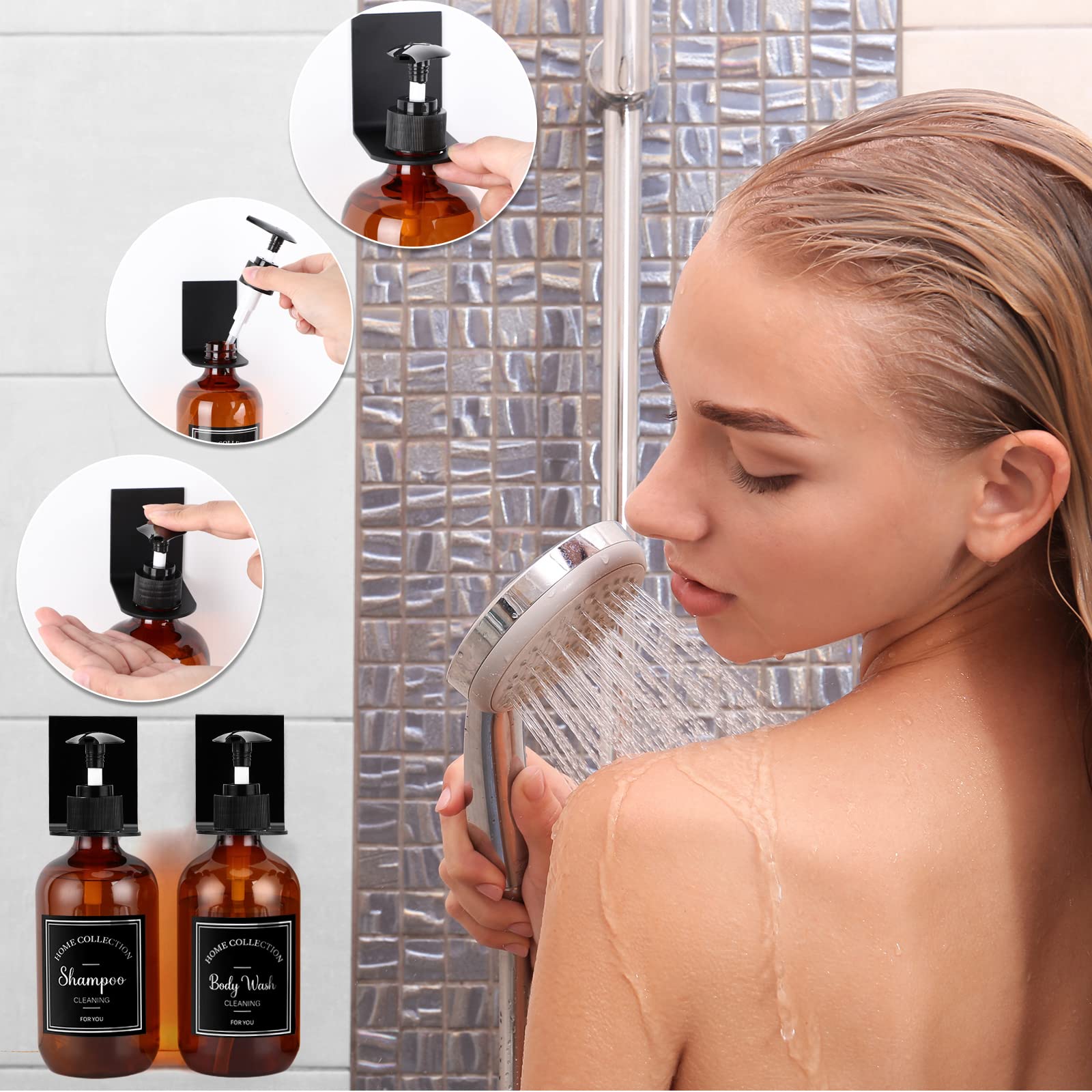 3-Chamber Refillable Shampoo Dispenser for Shower Wall - 17oz No-Drill Bathroom Organizer with 3 Hook Brackets & 6 Label Stickers (Brown) - Perfect for Bathroom, Gym, Spa, and RV Shower Organization