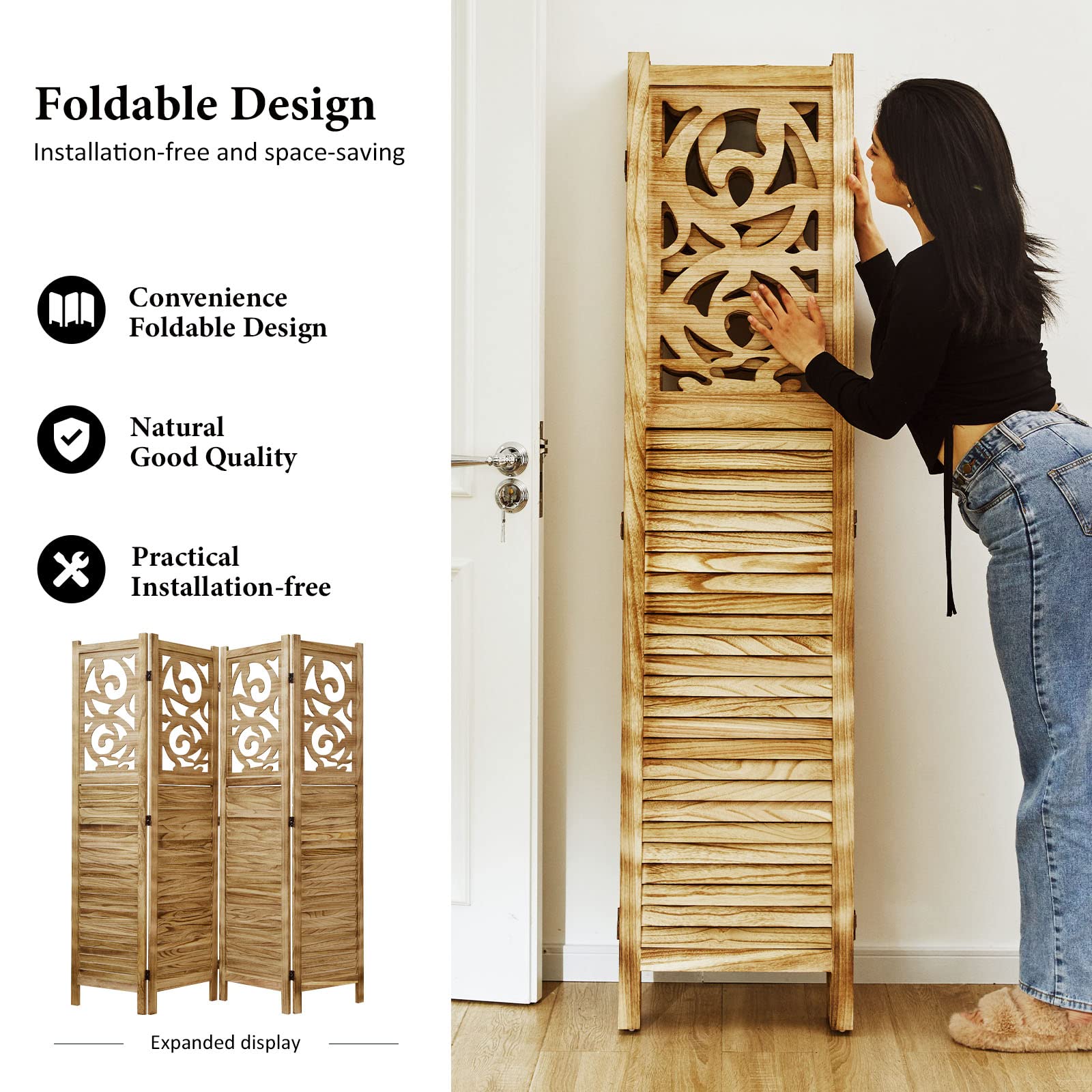 Wooden Room Divider Folding Partition Screen - 4 Panel Carved Wall Divider 67x60 Inches for Home, Office, Garden & Terrace | Portable Space Separator for Privacy, Decoration & Room Organization