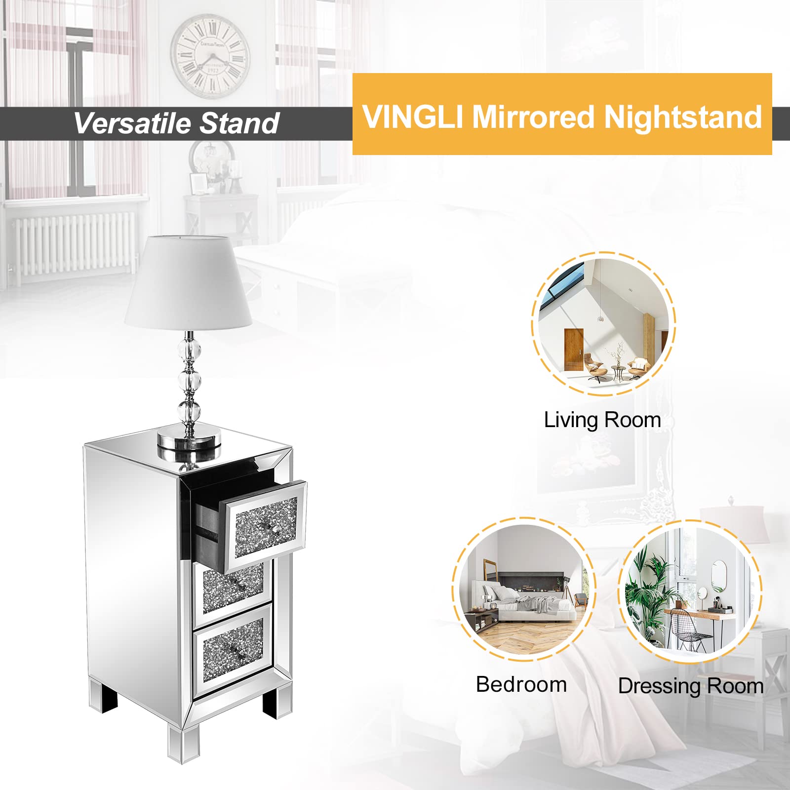 VINGLI 3-Drawer Mirrored Nightstand - Silver Glass Accent Bedside Table with Storage, Fully Assembled for Bedroom, Living Room & Guest Room Decor