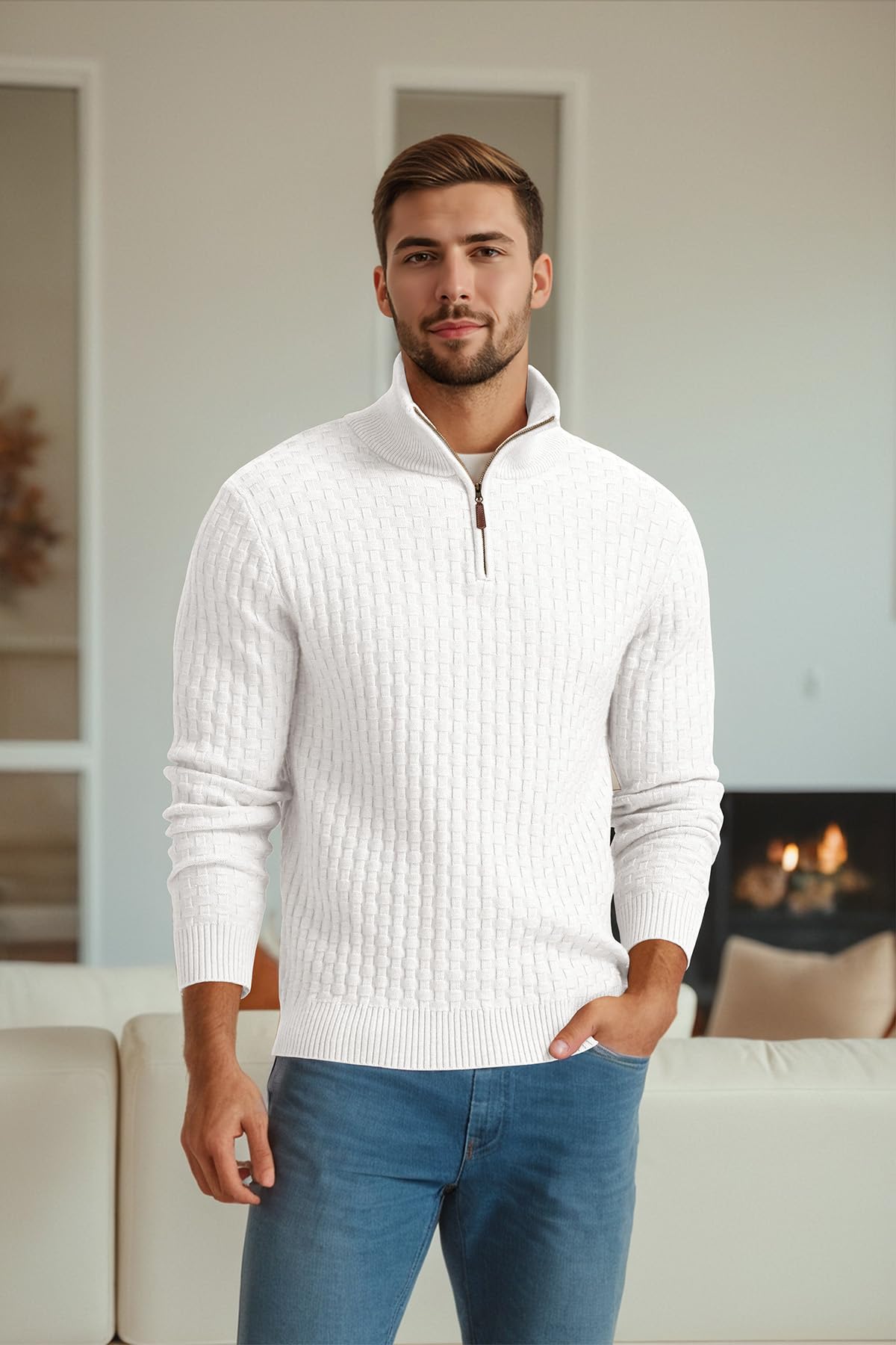 Askdeer Men's Quarter Zip Waffle Knit Sweater - Mock Neck Polo Pullover with Ribbed Edge - Casual Winter Wear for Office, Outdoor & Travel