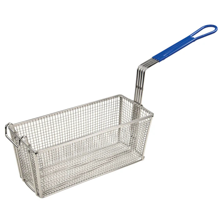 Winco 13 x 5.75 x 5.5 Inch Stainless Steel Fryer Basket with Blue Handle - Perfect for Deep Frying Chicken, Fish, and French Fries at Home or Restaurant
