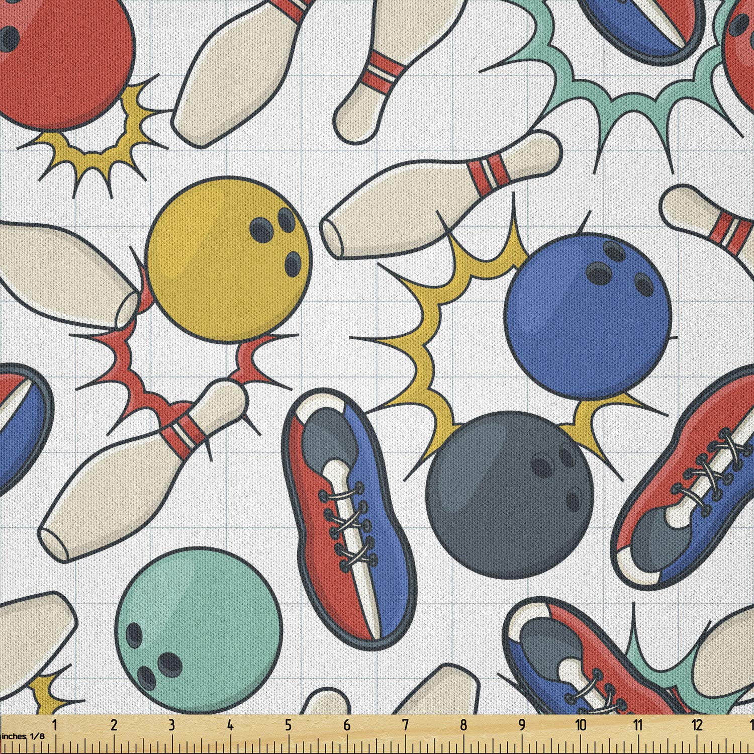 Ambesonne Bowling Fabric by The Yard - Retro Style Color Doodle Design with Ball Pins & Shoes | Microfiber Arts & Crafts Textile for DIY Decor, Upholstery & Costumes (10 Yards, Multicolor) | Perfect for Bowling-Themed Parties, Home Decor & Creative Sewing Projects