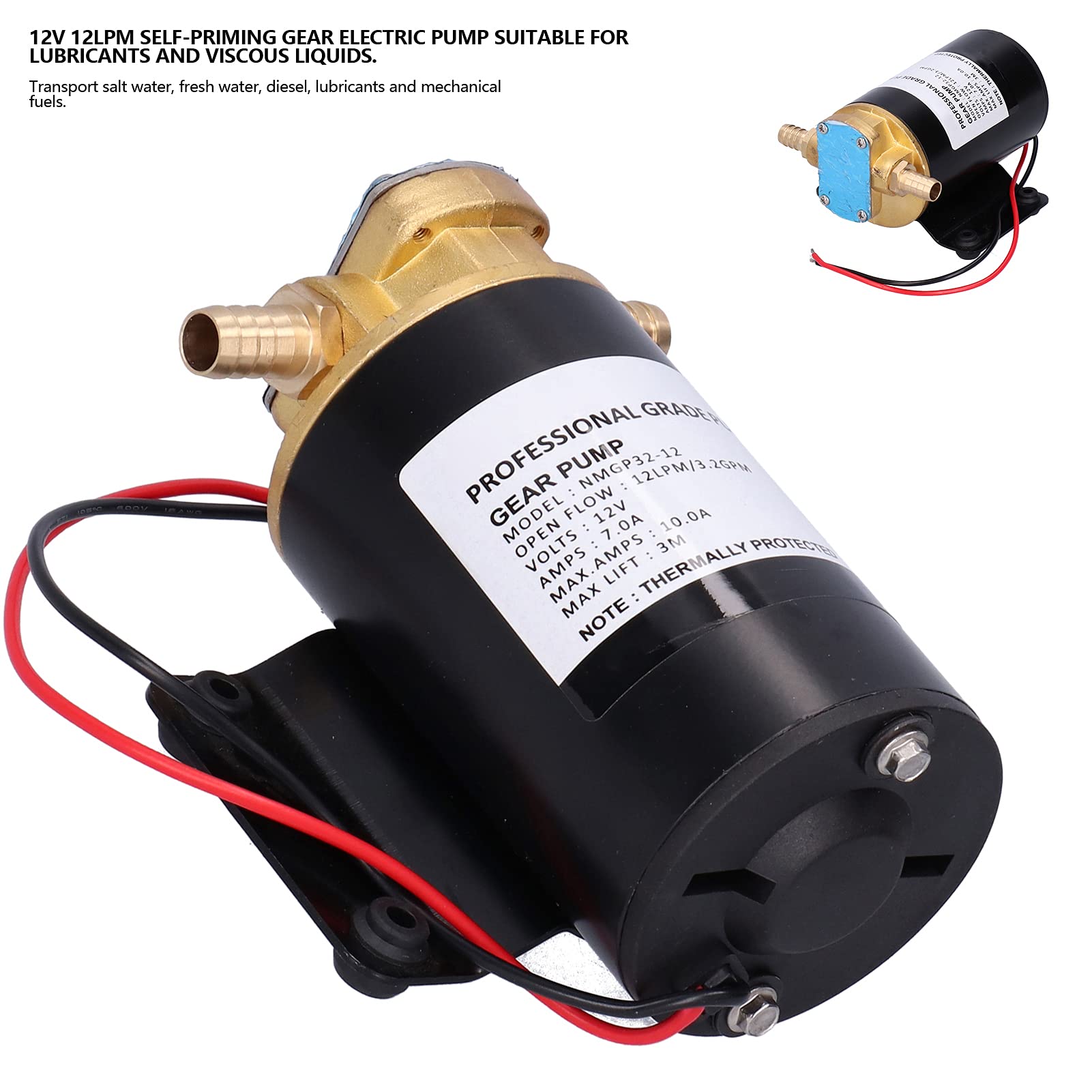 12V 12LPM 9.8ft Self-Priming Gear Pump for Water, Fuel, Oil Transfer - Ideal for Marine, RV, and Industrial Fluid Transfer Applications