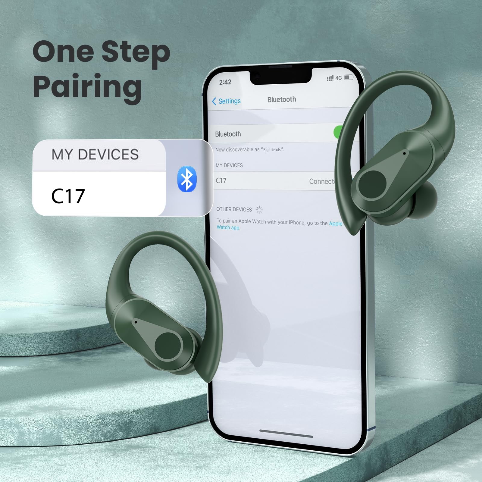 Wireless Bluetooth Earbuds with 90Hrs Playtime, IPX7 Waterproof, Wireless Charging Case & Over-Ear Earhooks - LED Power Display Stereo Headset with Deep Bass in Olive Green | Perfect for Running, Gym Workouts & Outdoor Sports