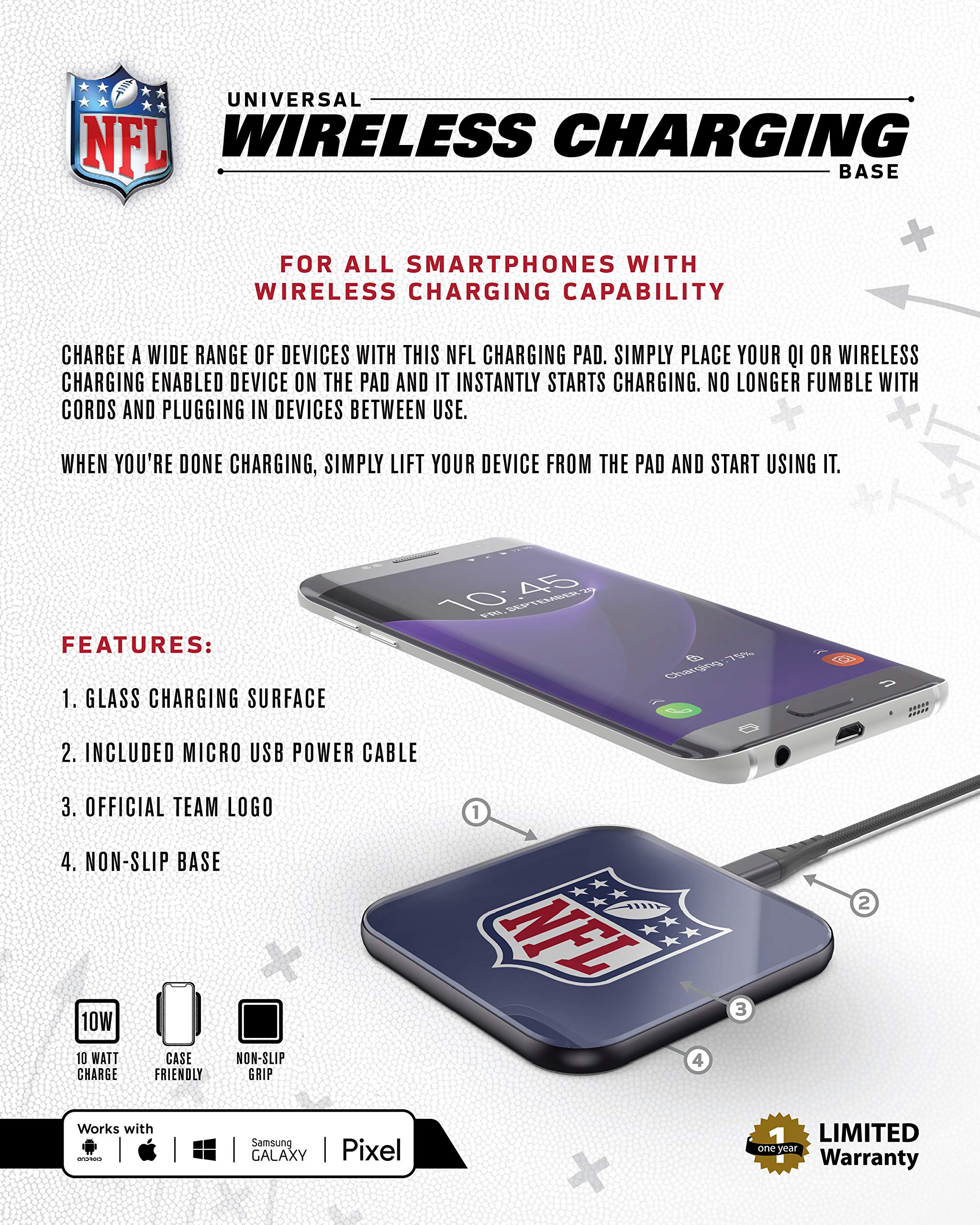 SOAR NFL Team Logo Wireless Charging Pad V.2 - Fast Qi-Certified Phone Charger for iPhone & Android - Perfect for Home, Office & Game Day Decor
