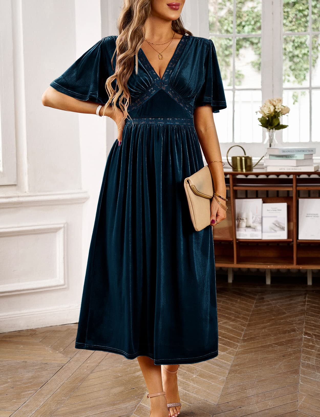 Zilcremo Women's Elegant Deep V-Neck Velvet Dress with Bell Sleeves & Lace Details - Flowy Midi Party Dress for Evening Events, Weddings & Holiday Celebrations