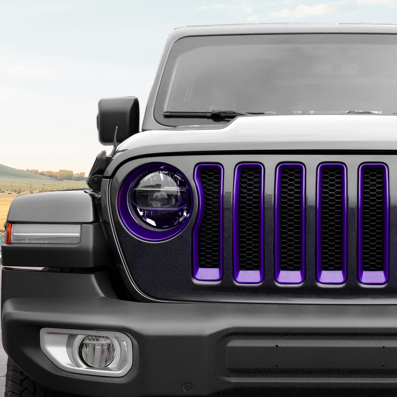 RT-TCZ Purple Mesh Front Grille Grill Insert & Headlight Cover Trim for Jeep Wrangler JL/JLU (2018-2022) - 9-Piece Exterior Accessories Kit | Off-Road Protection & Custom Styling