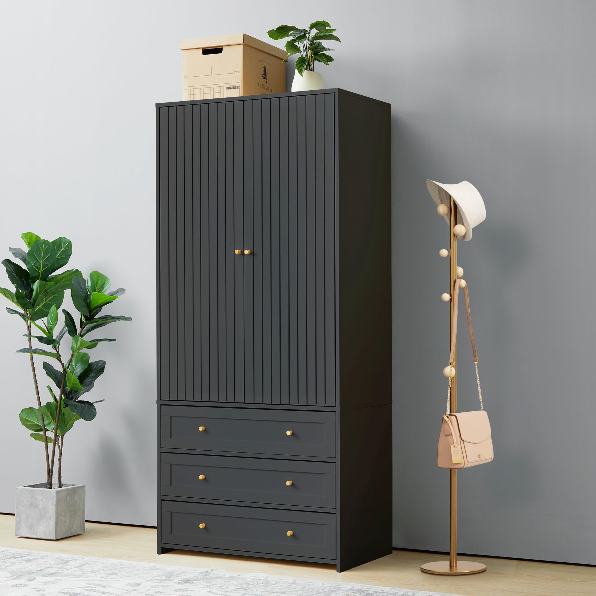 LEVNARY 2-Door Wardrobe Cabinet with 3 Drawers & Hanging Rod - Modern Freestanding Closet Organizer for Bedroom, Armoire Storage (Black) | Perfect for Small Spaces, Guest Rooms & Apartment Clothing Organization