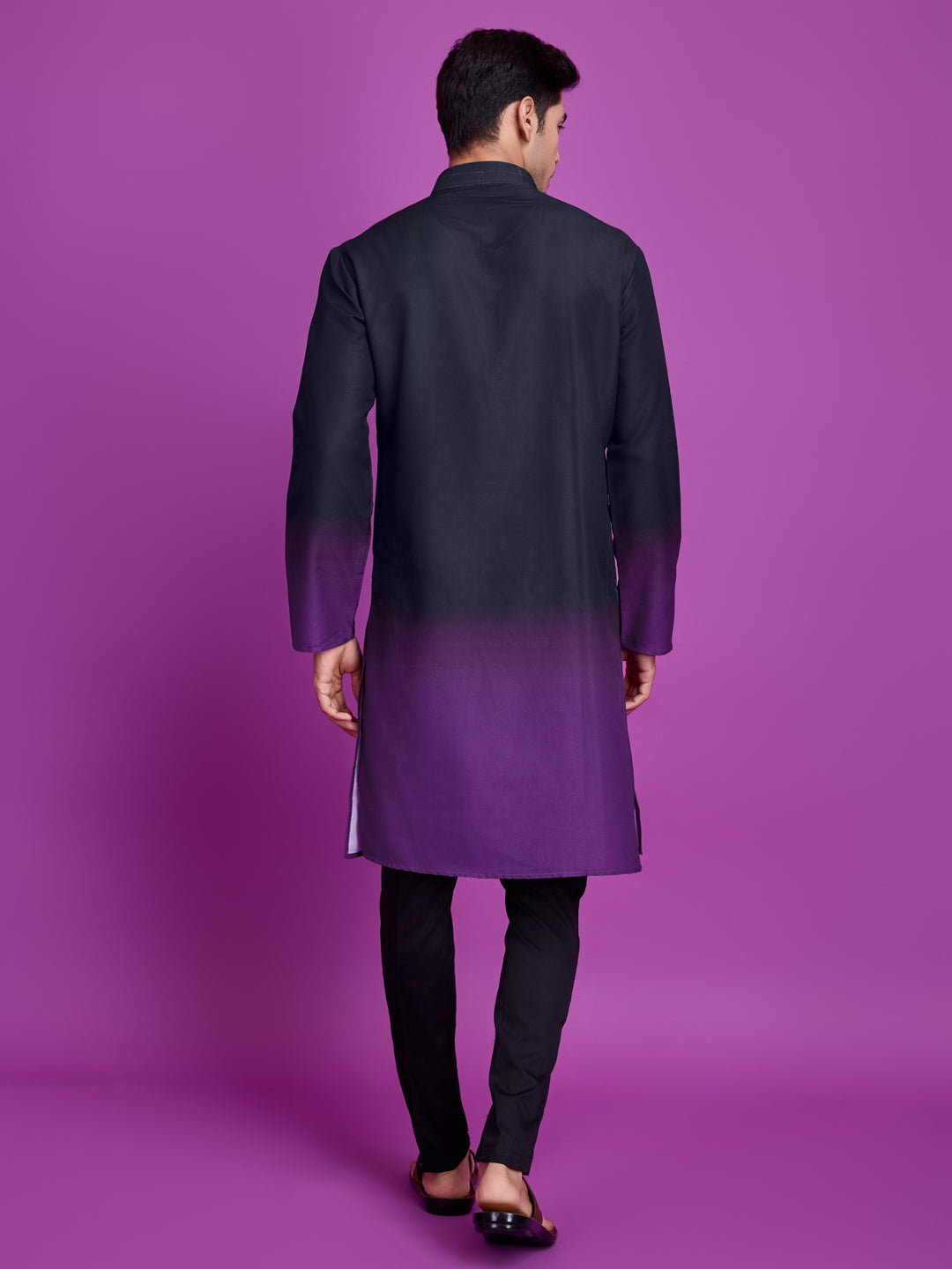 Black & Dusty Purple Men's Kurta with Dupatta - Hand Mirror Embroidery Solid Cotton Kurta for Men | Wedding, Festival & Ethnic Wear