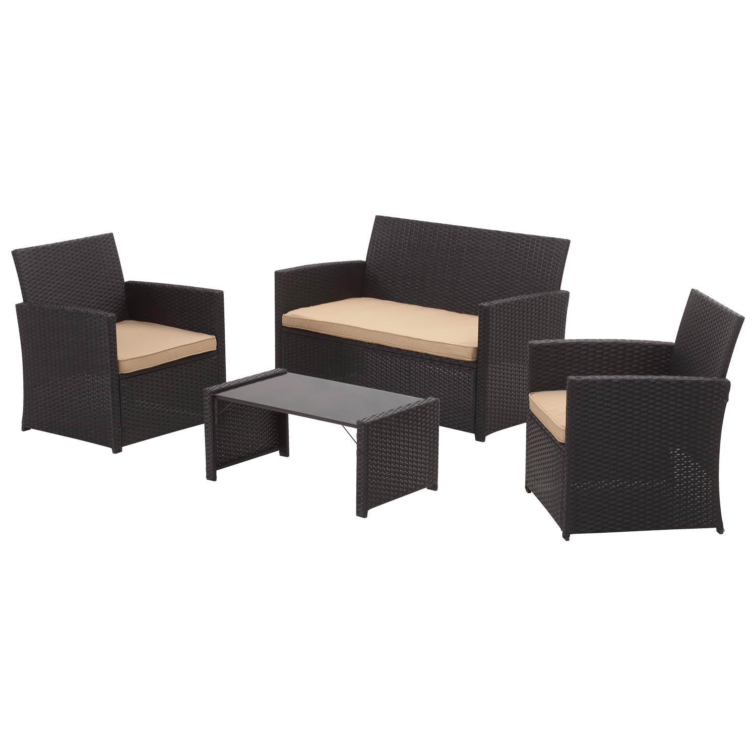 4-Piece Wicker Patio Furniture Set - Rattan Conversation Sofa Set with Removable Cushions & Glass Coffee Table (Khaki) | Outdoor Lounge Set for Garden, Poolside & Backyard Relaxation