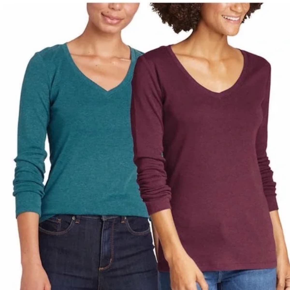 Eddie Bauer Women's Long Sleeve V-Neck T-Shirts 2-Pack - Soft Cotton Casual Tees for Everyday Wear, Layering & Outdoor Activities