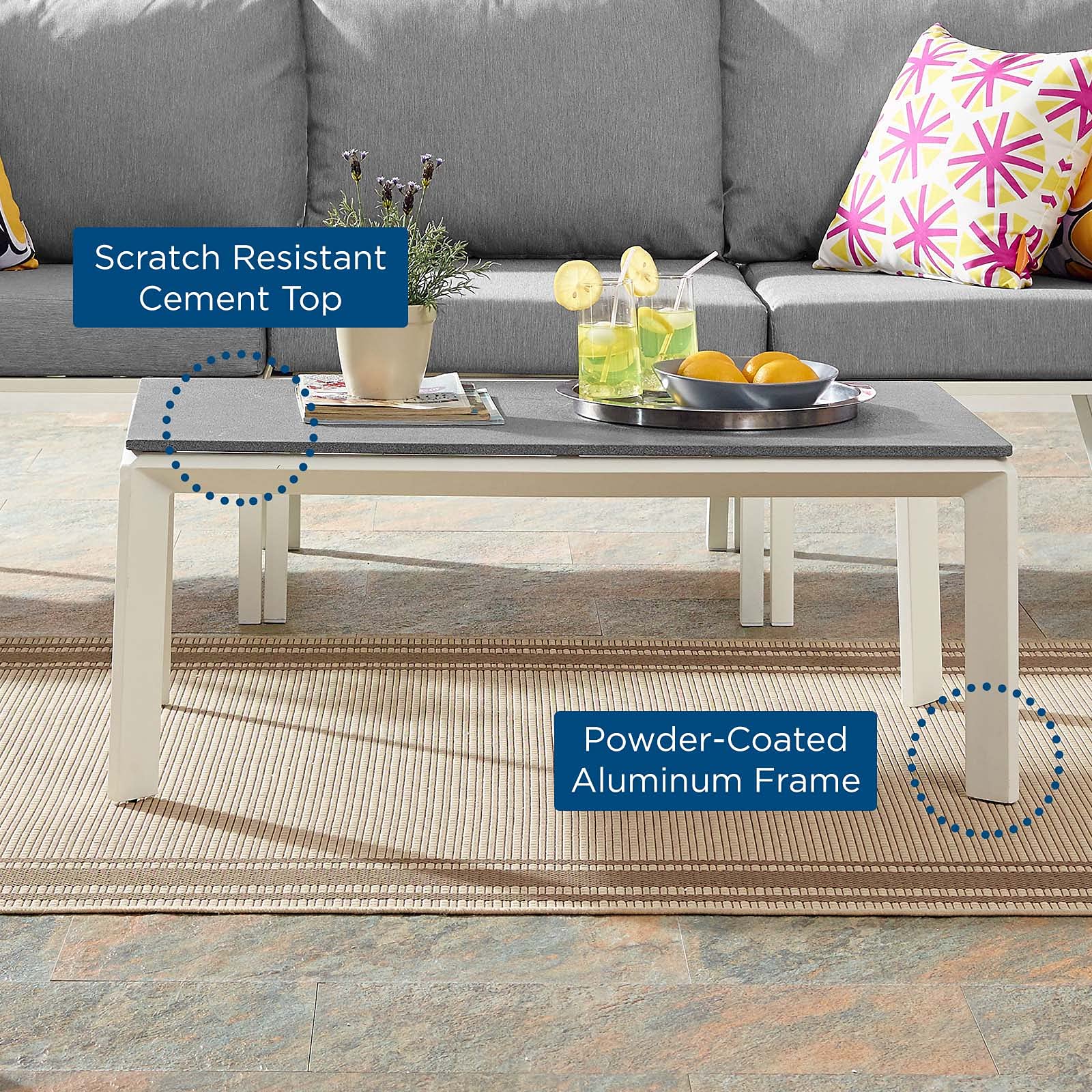 Modern White Aluminum Rectangular Coffee Table - Outdoor Patio, Balcony, Cafe & Bistro Lounge Furniture for Relaxing & Entertaining