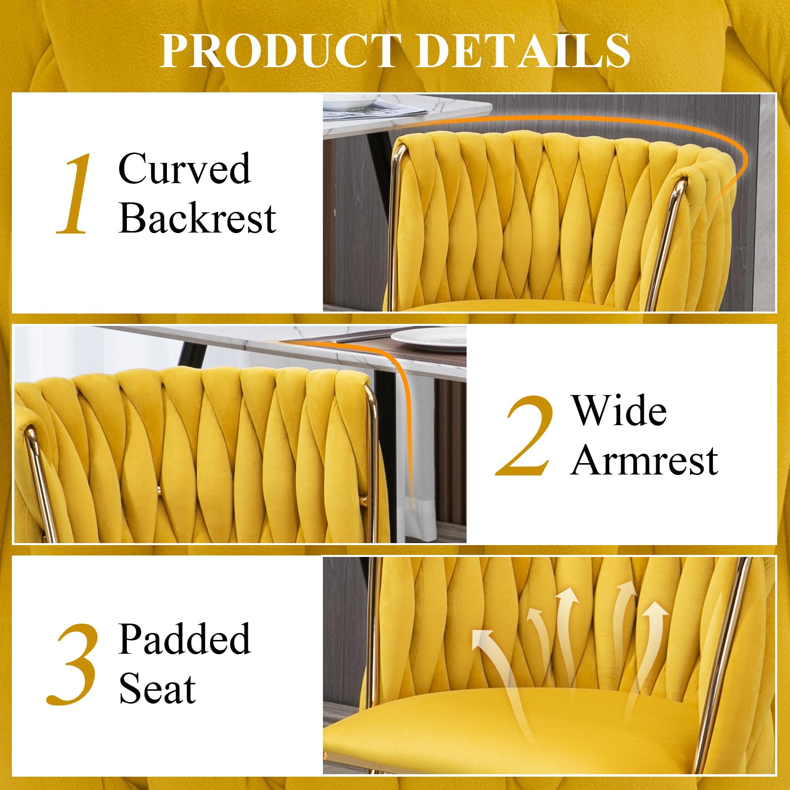 NIOIIKIT Modern Velvet Dining Chairs Set of 2 - Handwoven Accent Chairs with Golden Metal Legs, Upholstered Side Chairs for Living Room, Dining Room, Kitchen & Vanity (Mustard Yellow) | Perfect for Home Decor, Dinner Parties & Cozy Seating