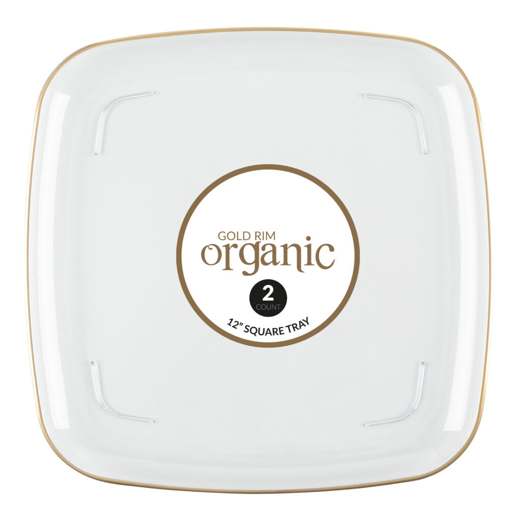 12 Inch Clear and Gold Rim Square Organic Serving Tray Dish - 2 Pack Set for Elegant Dining, Party Platters, and Home Decor