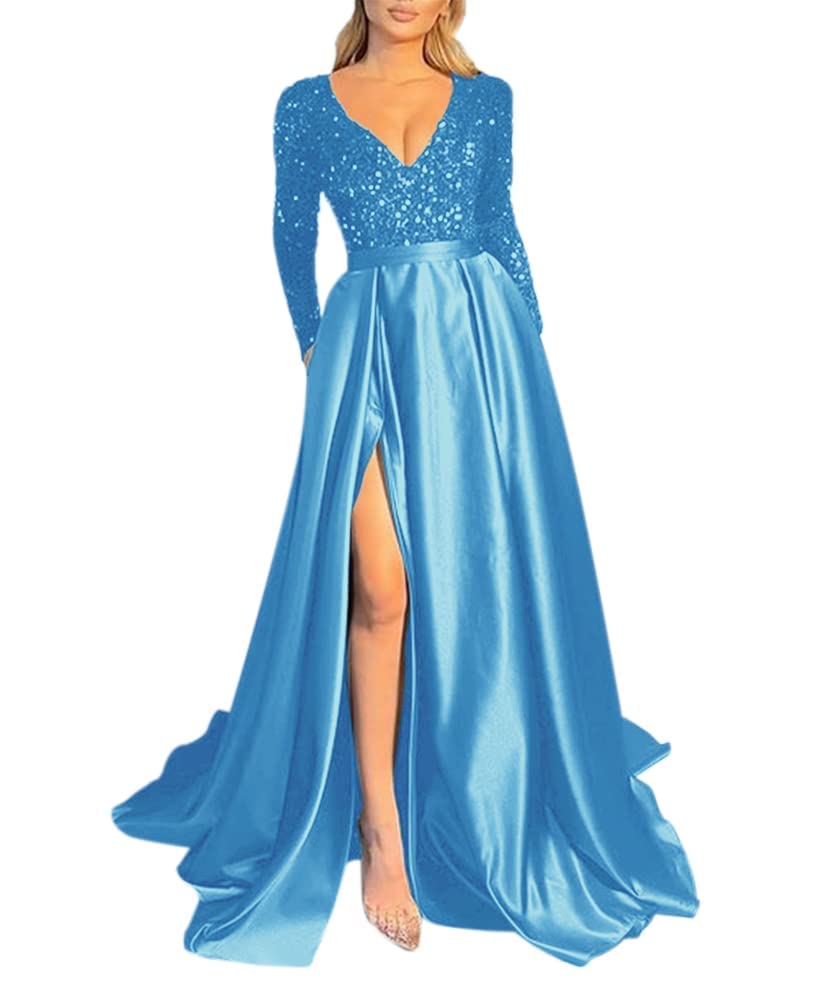 Elegant V-Neck Long Sleeve Sequin Prom Dress with High Slit - Satin Formal Evening Gown for Homecoming, Ball, Wedding & Special Occasions